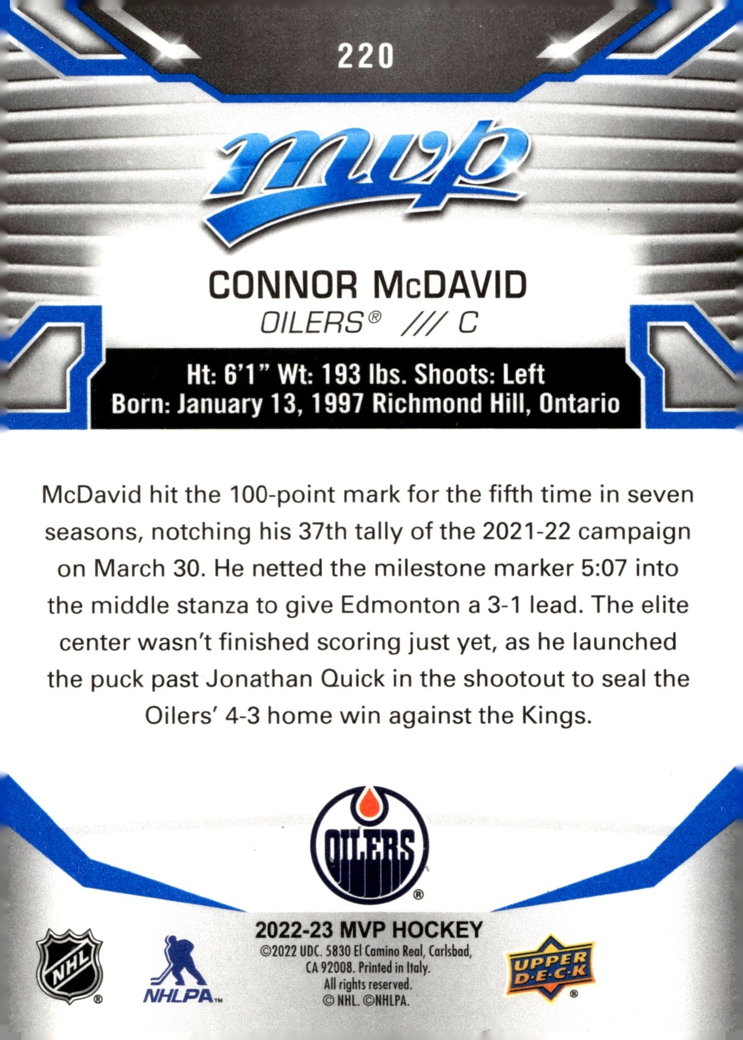 Connor McDavid 2022 - 23 Upper Deck MVP #220 - Collector Store LLC