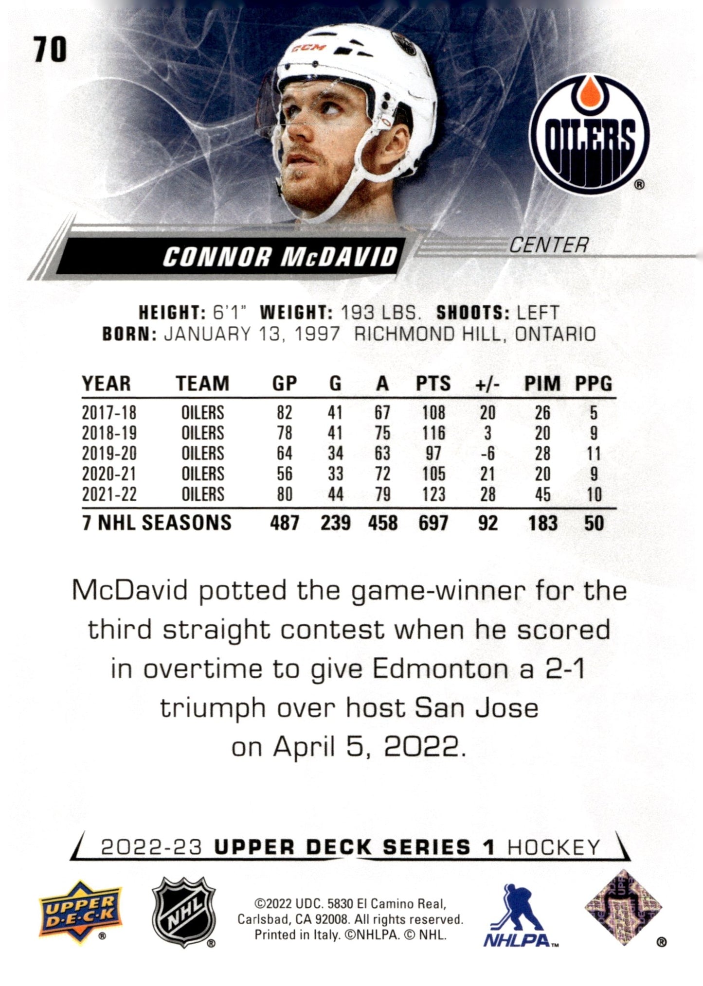 Connor McDavid 2022 - 23 Upper Deck Series 1 #70 #2 - Collector Store LLC