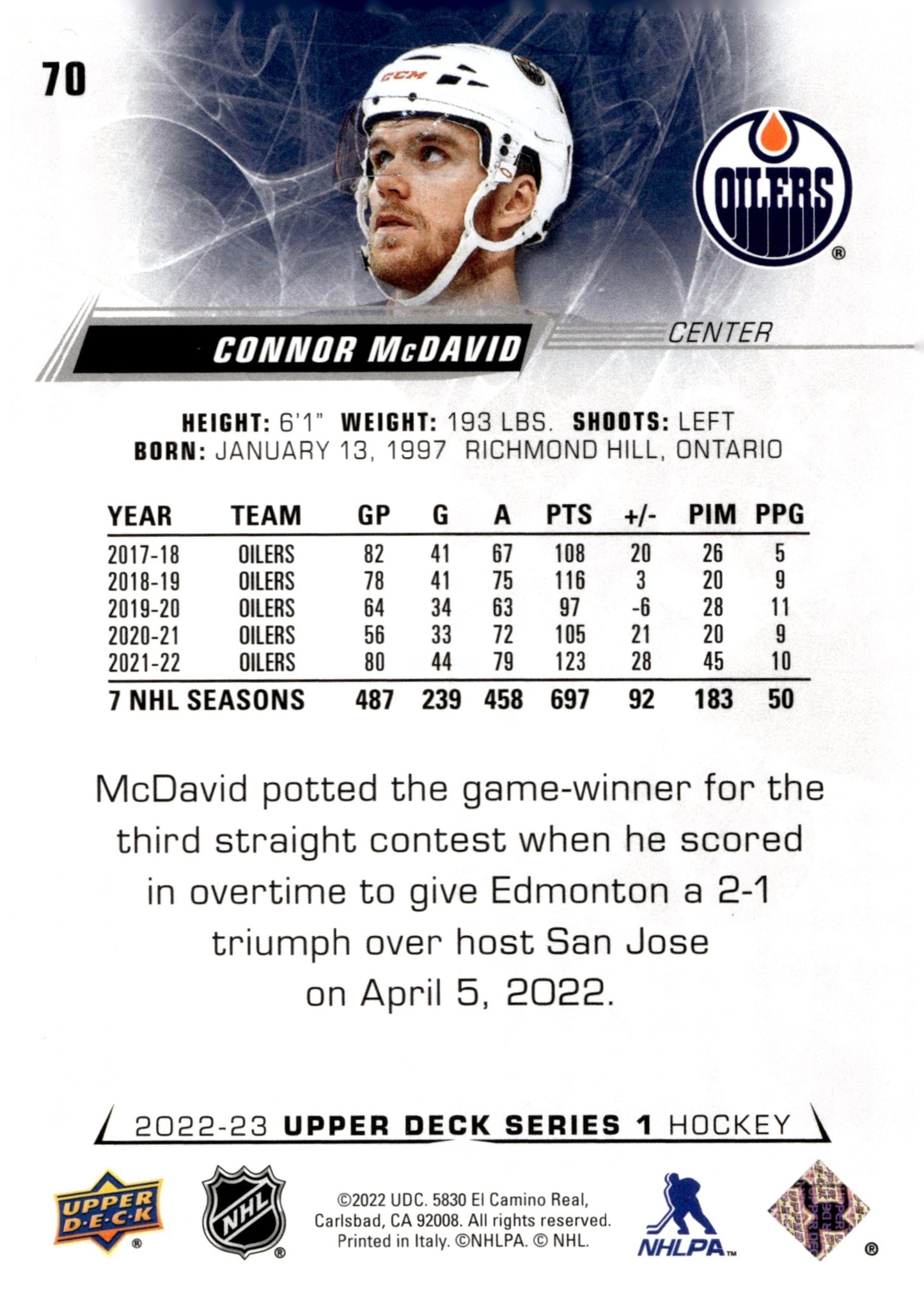 Connor McDavid 2022 - 23 Upper Deck Series 1 #70 #3 - Collector Store LLC