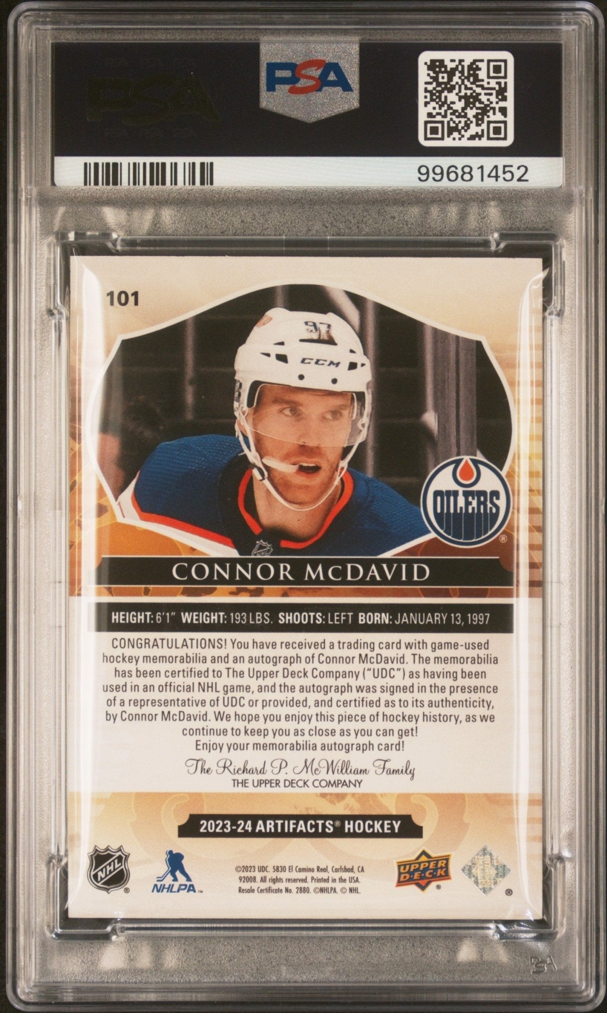 Connor McDavid 2023 - 24 UD Artifacts Gold Dual Swatch Auto 25/25 #101 PSA 9 / 9 - Collector Store LLC
