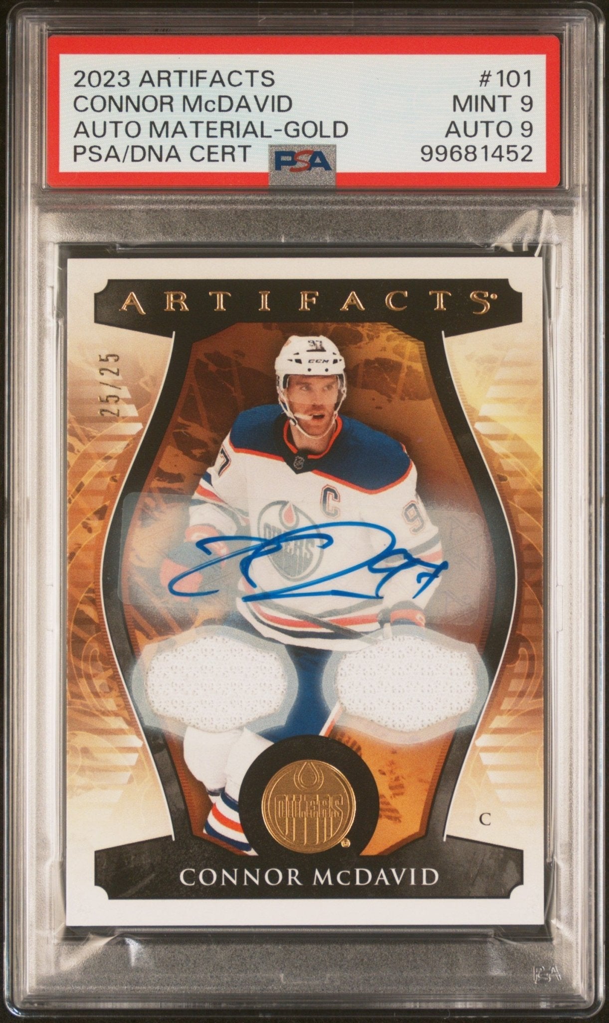 Connor McDavid 2023 - 24 UD Artifacts Gold Dual Swatch Auto 25/25 #101 PSA 9 / 9 - Collector Store LLC