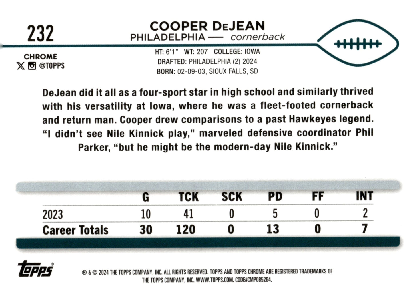 Cooper DeJean 2024 Topps Chrome RC #232 #2 - Collector Store LLC