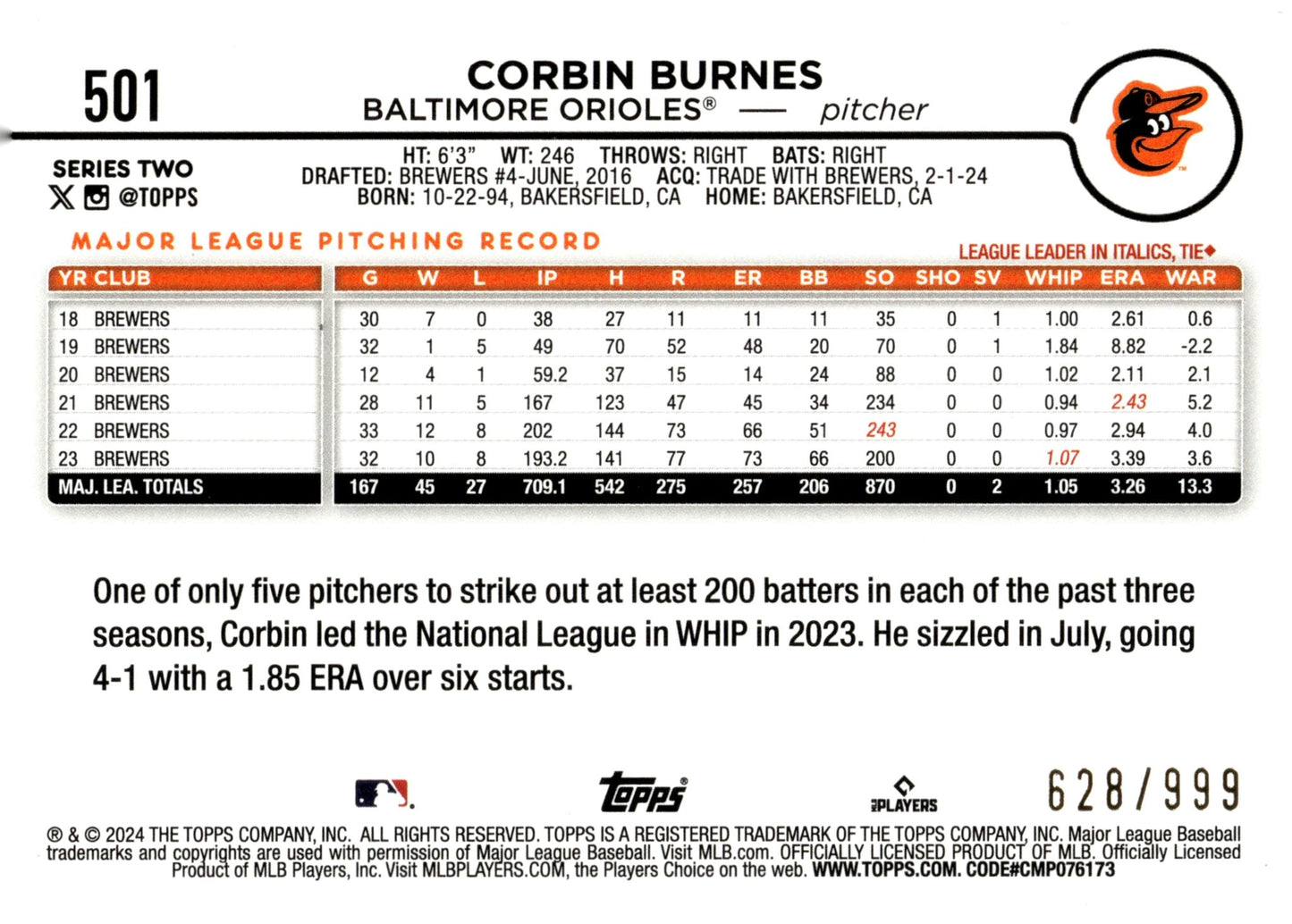 Corbin Burnes 2024 Topps Series 2 Blue Foil 628/999 #501 - Collector Store LLC