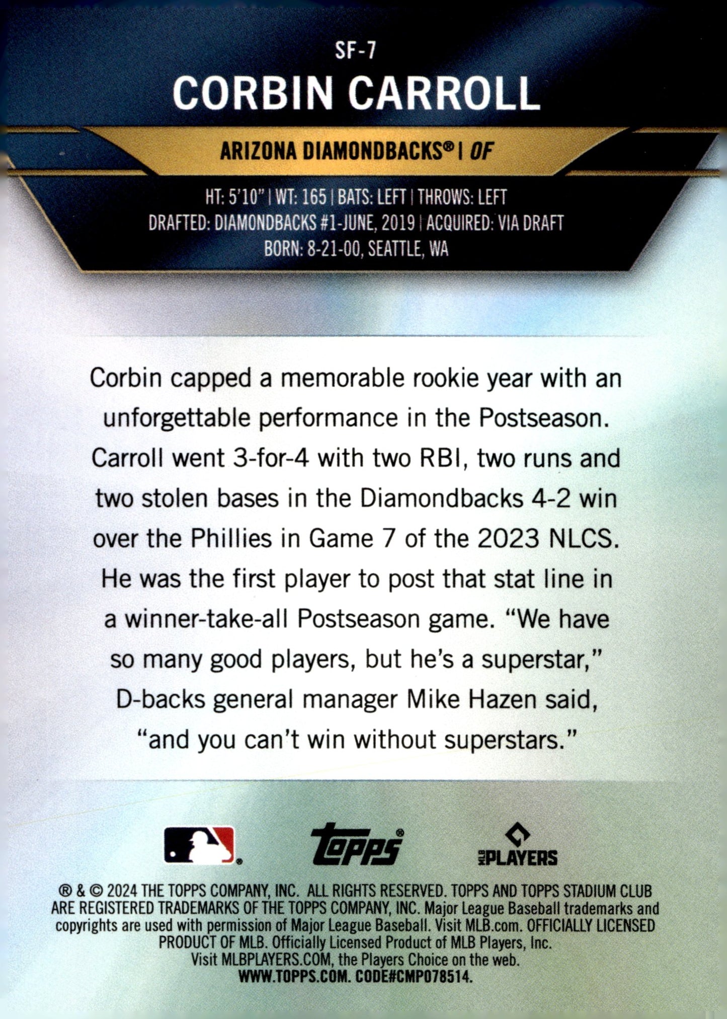 Corbin Carroll 2024 Topps Stadium Club Special Forces Foil SF - 7 - Collector Store LLC