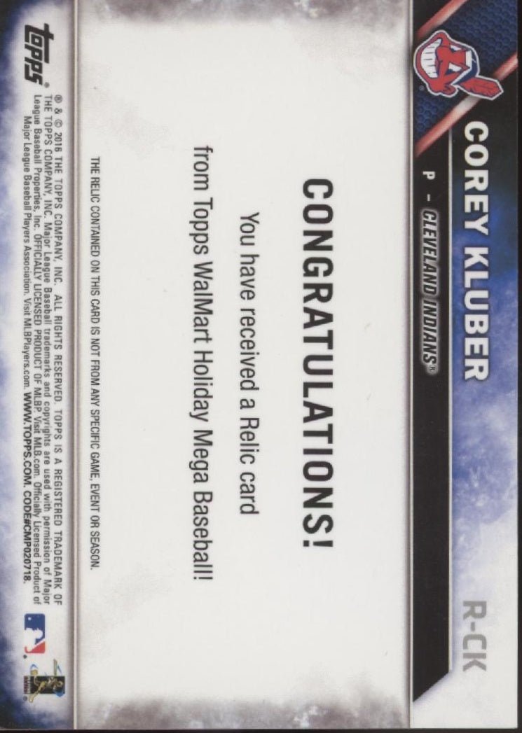 Corey Kluber 2016 Topps Walmart Holiday Mega Swatch R - CK - Collector Store LLC