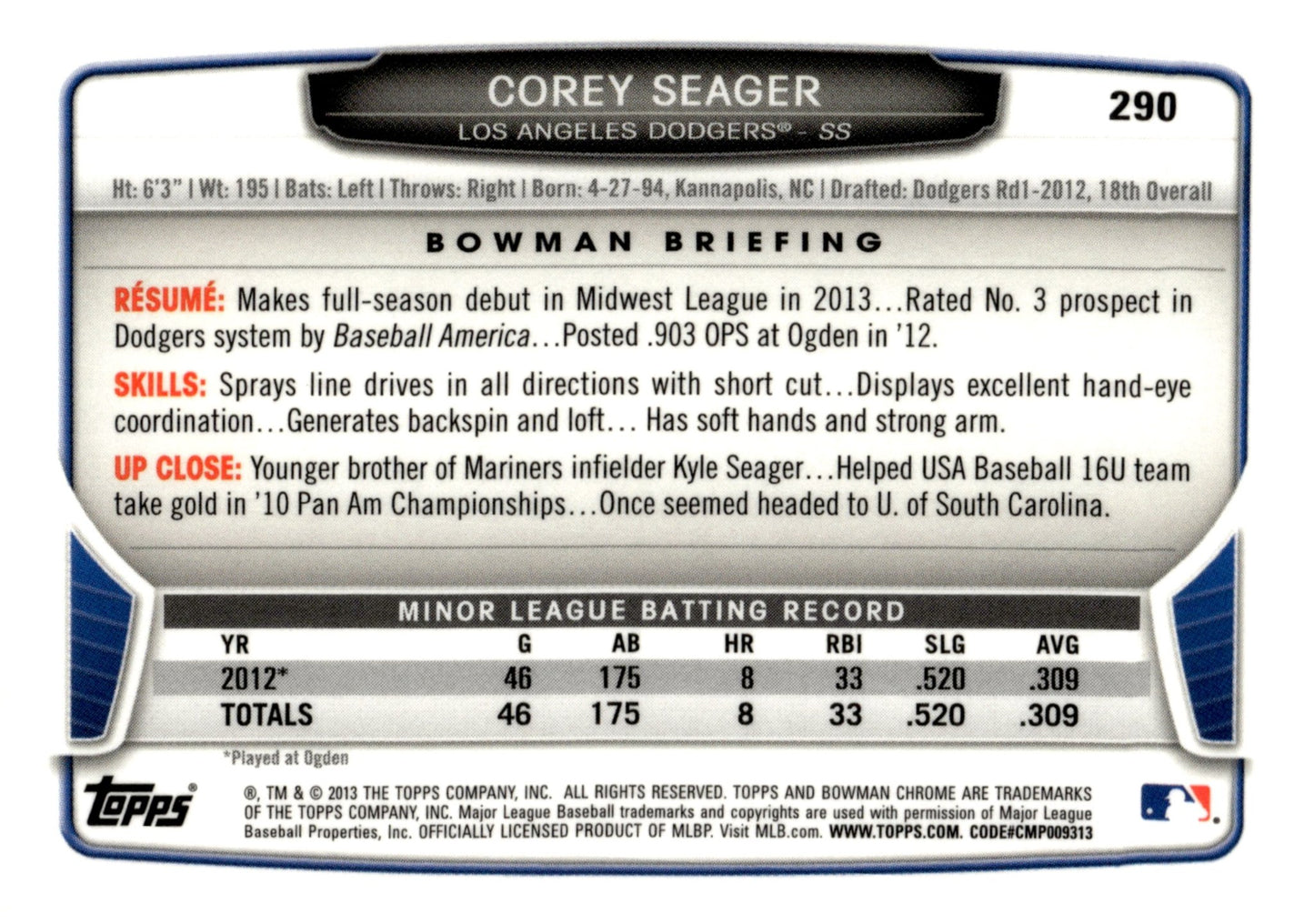Corey Seager 2013 Bowman Chrome Mini 290 - Collector Store LLC