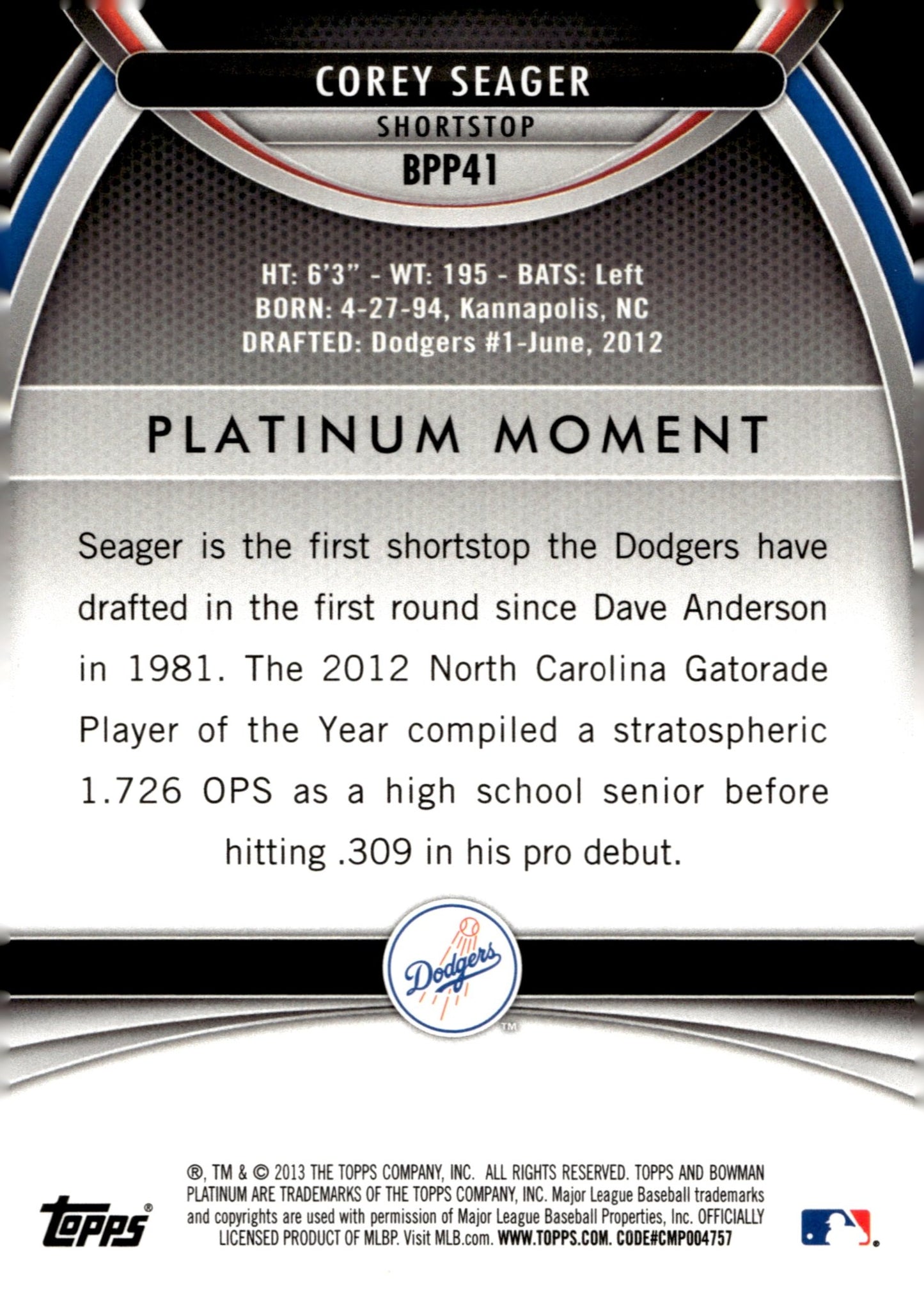 Corey Seager 2013 Bowman Platinum Moment Holo BPP41 1 - Collector Store LLC
