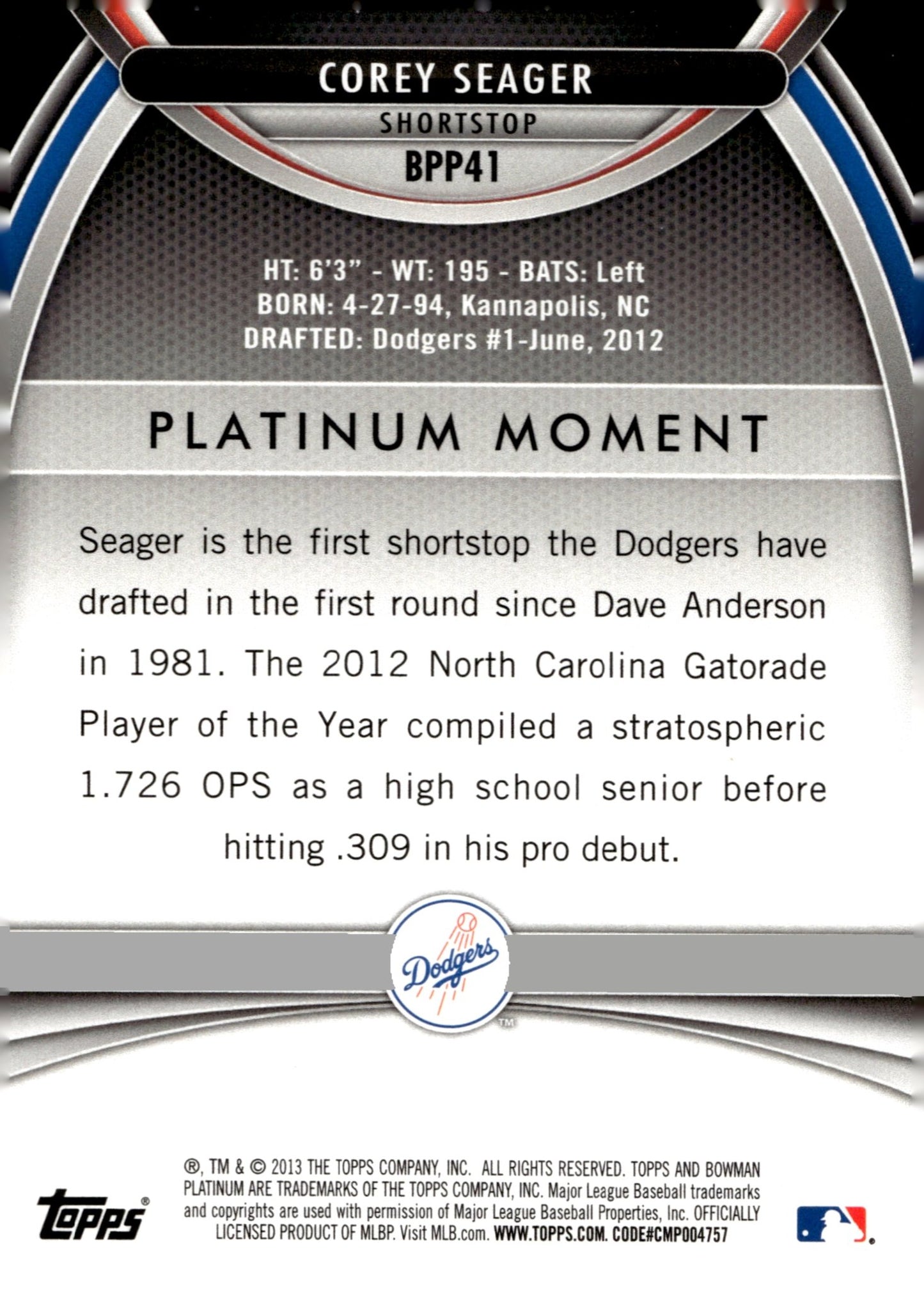 Corey Seager 2013 Bowman Platinum Moment Holo BPP41 2 - Collector Store LLC