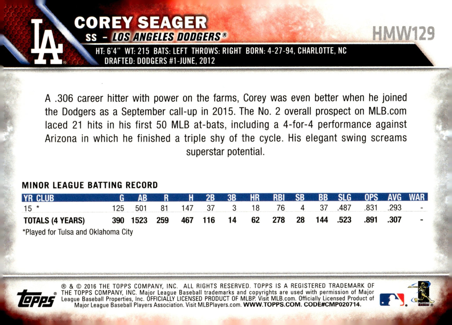 Corey Seager 2016 Topps Holiday RC #HMW129 - Collector Store LLC