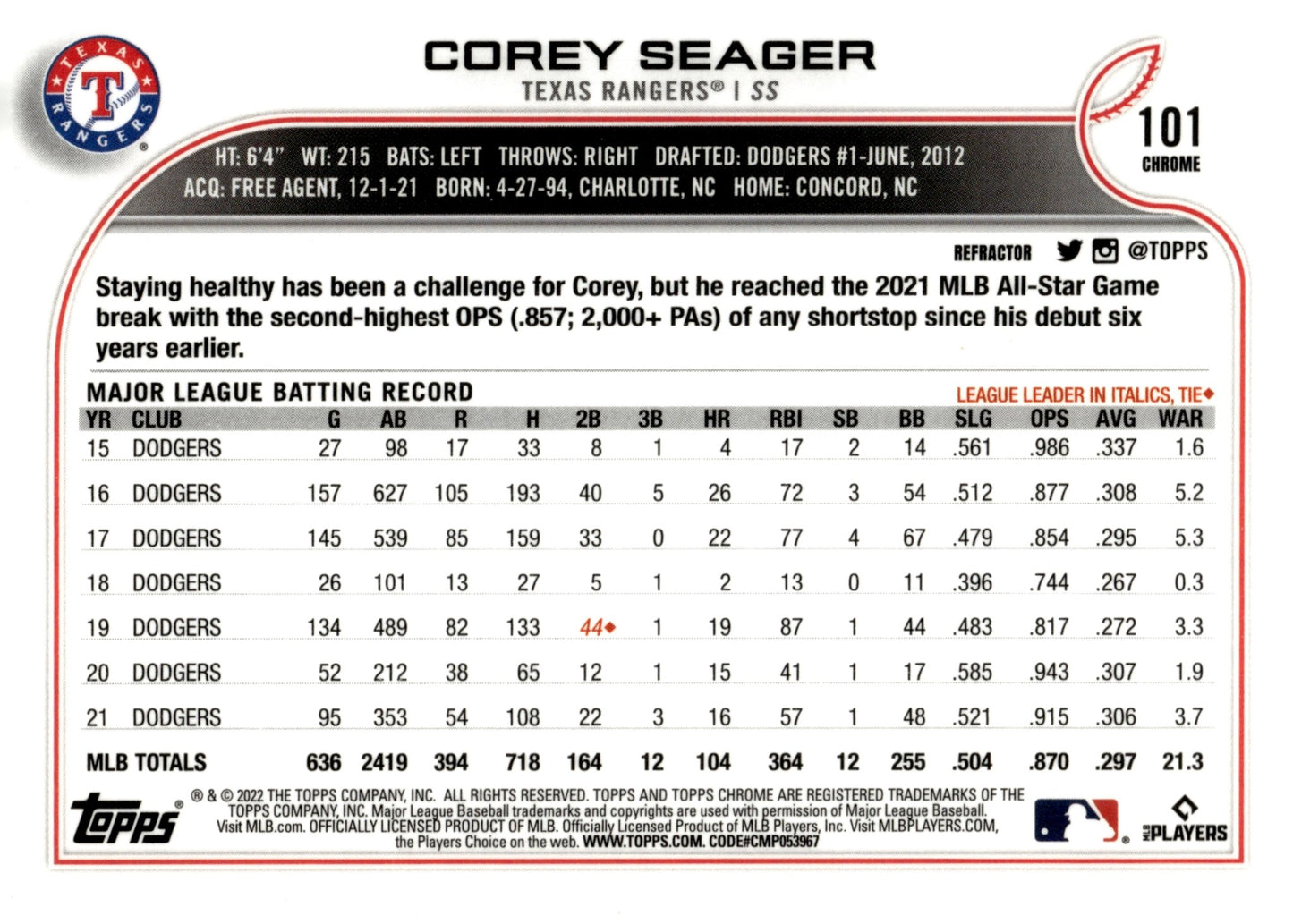 Corey Seager 2022 Topps Chrome Refractor 101 - Collector Store LLC
