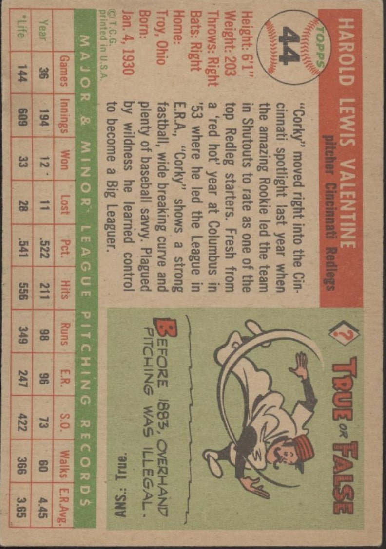 Corky Valentine 1955 Topps #44 Cincinnati Redlegs EX #1 - Collector Store LLC