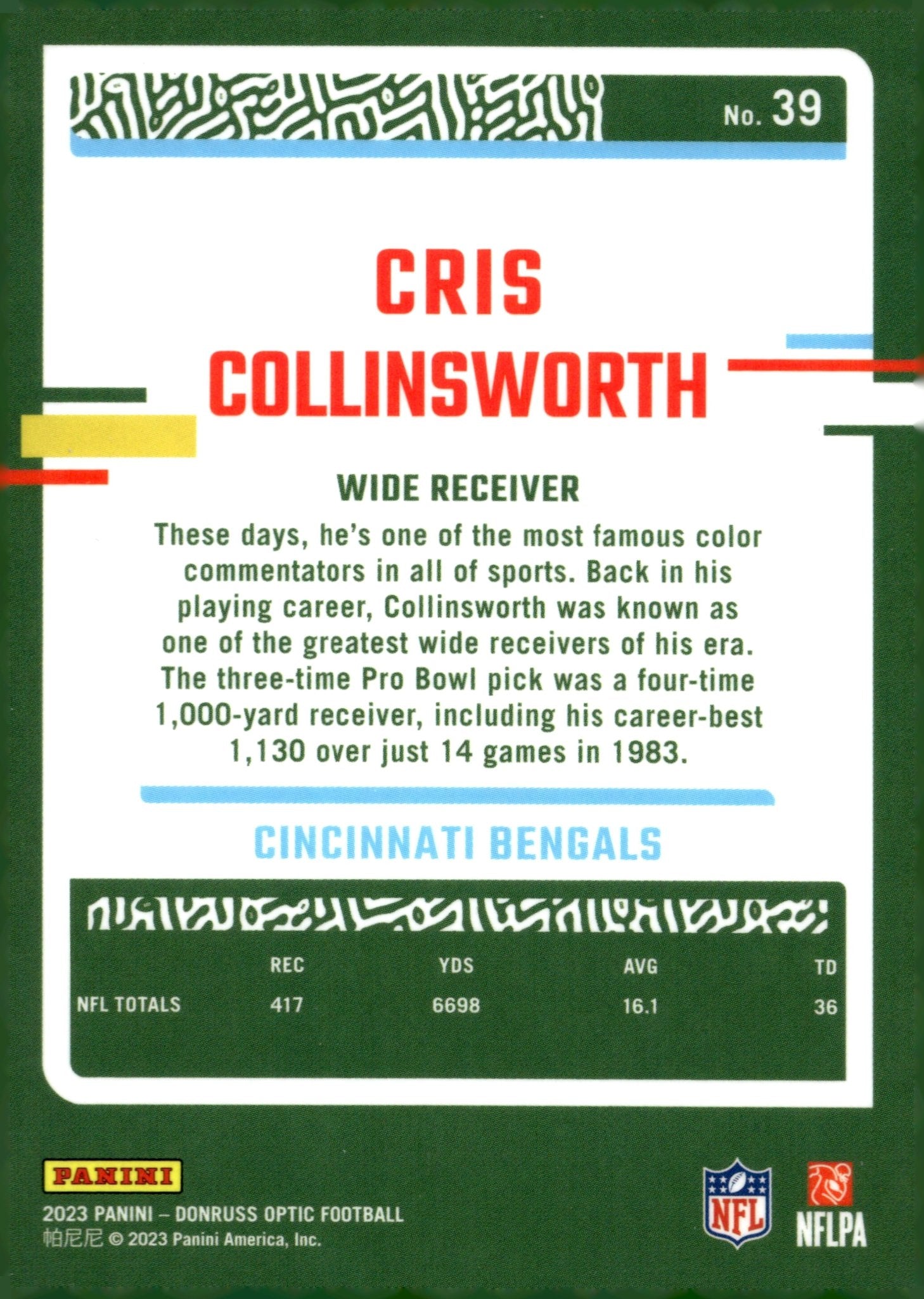 Cris Collinsworth 2023 Panini Donruss Optic #39 - Collector Store LLC