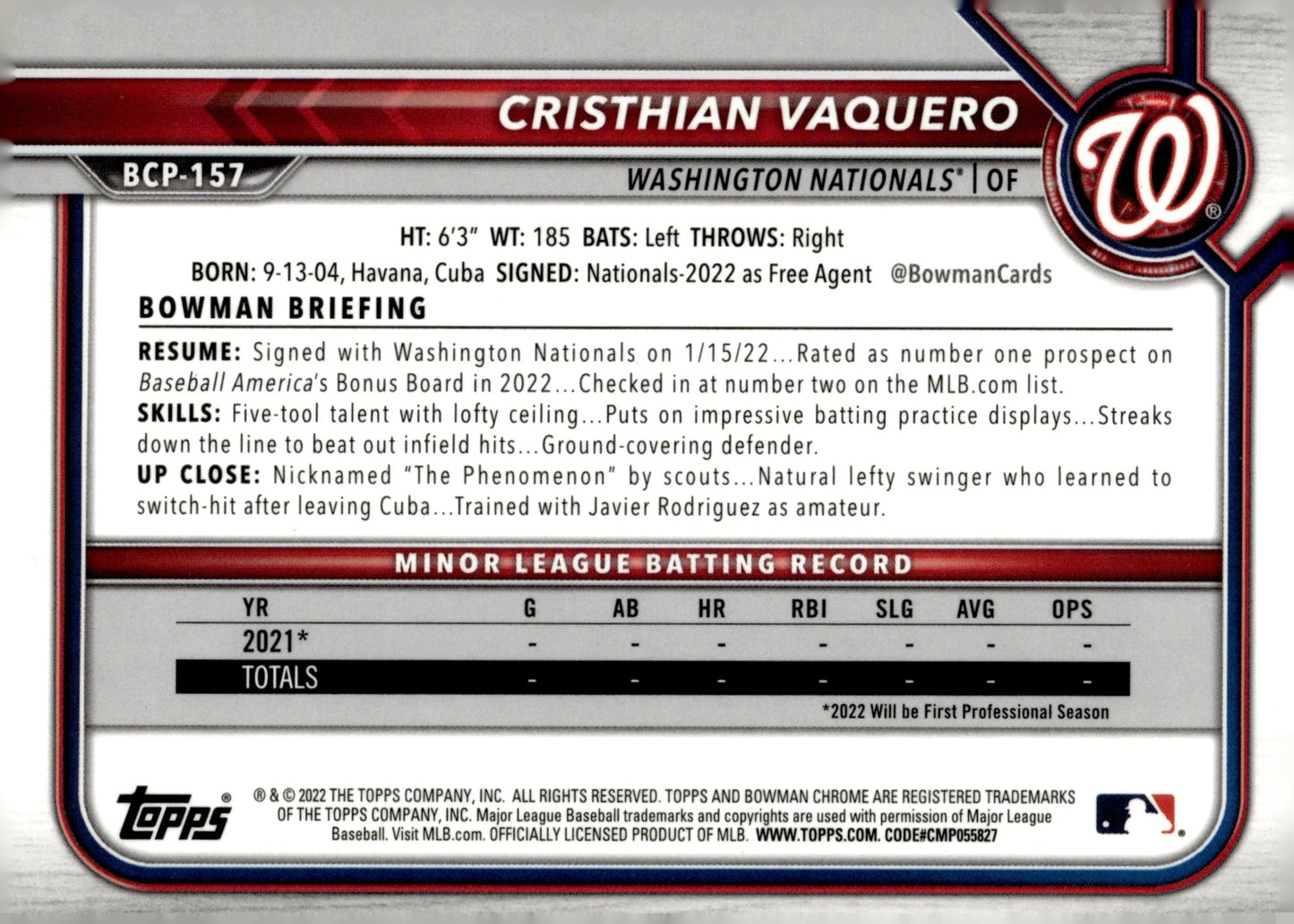Cristhian Vaquero 2022 Bowman Chrome Prospects BCP - 157 - Collector Store LLC