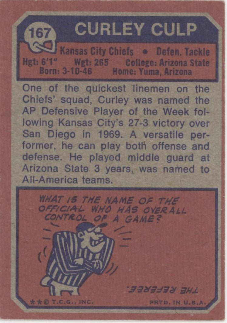 Curley Culp 1973 Topps RC #167 Kansas City Chiefs EX - Collector Store LLC