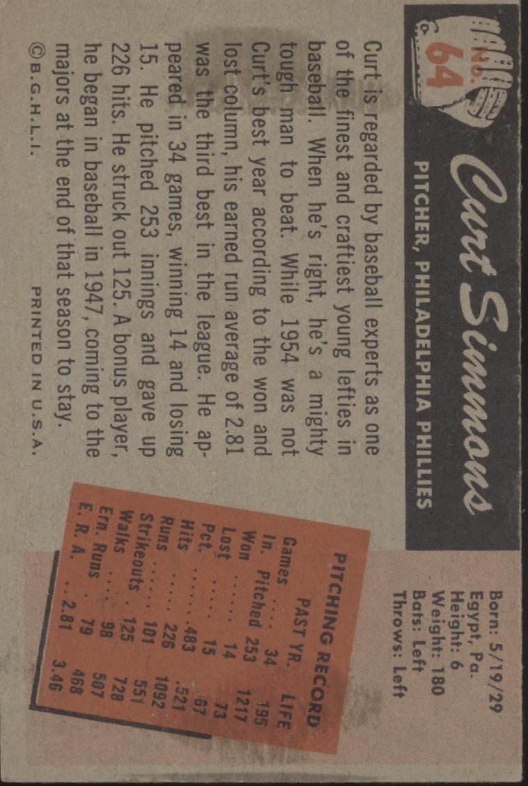 Curt Simmons 1955 Bowman #64 Philadelphia Phillies VG #2 - Collector Store LLC