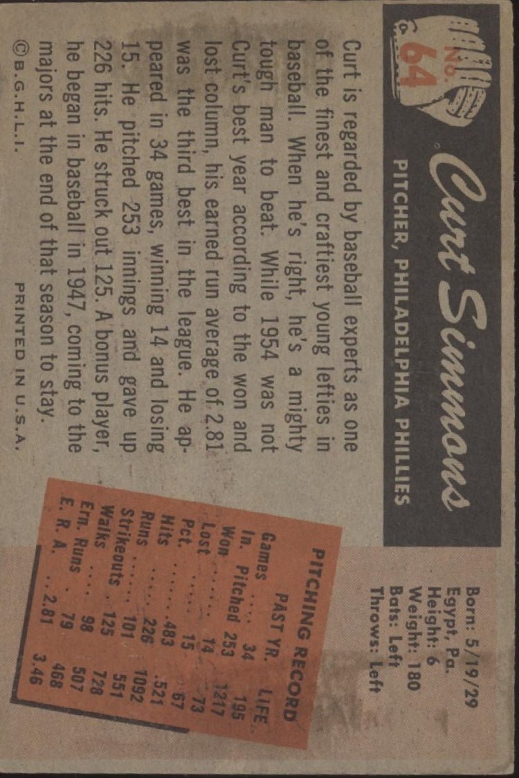 Curt Simmons 1955 Bowman #64 Philadelphia Phillies VG #3 - Collector Store LLC