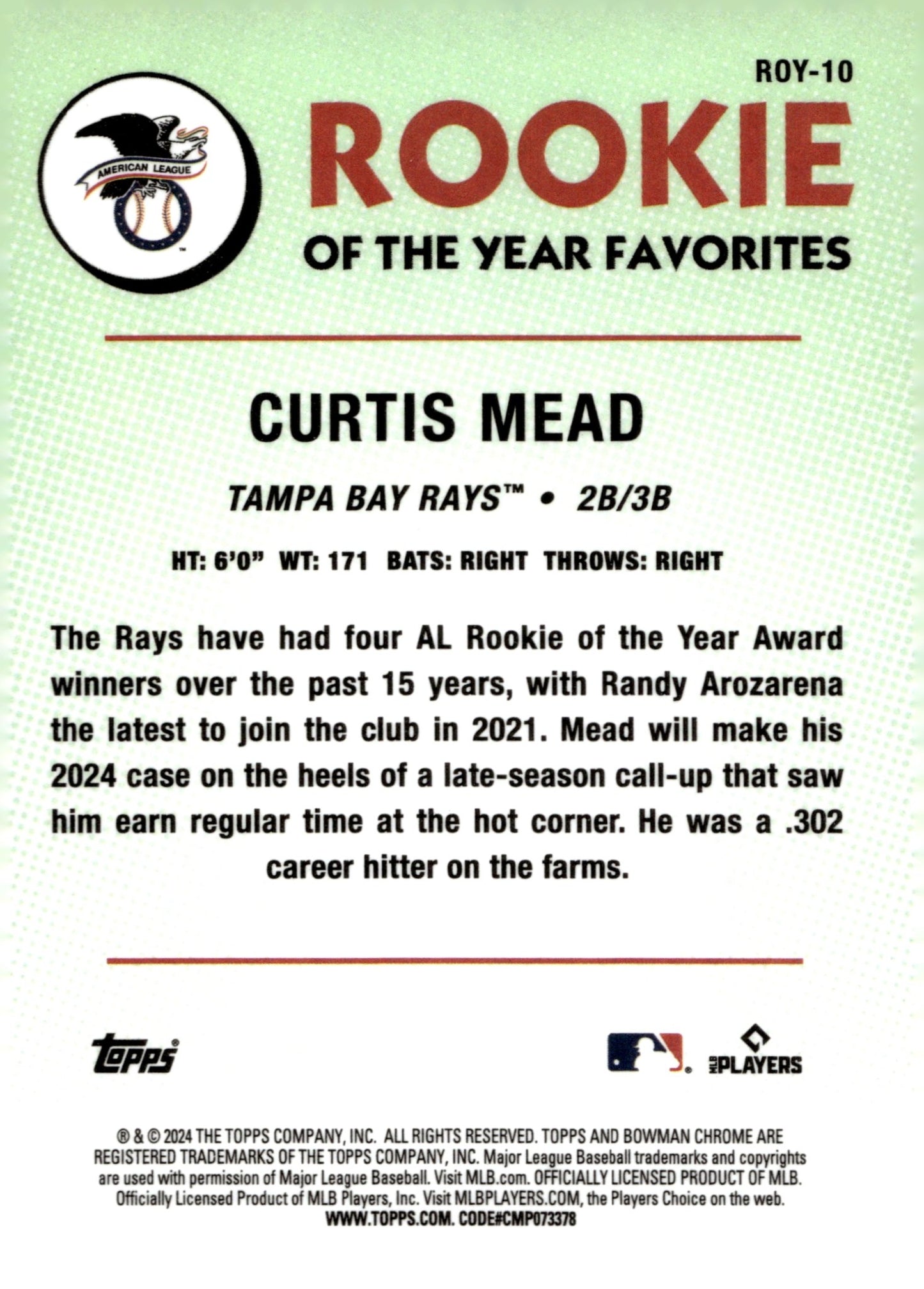 Curtis Mead 2024 Bowman Chrome Rookie of Year Green Mojo Refractor RC #ROY - 10 - Collector Store LLC