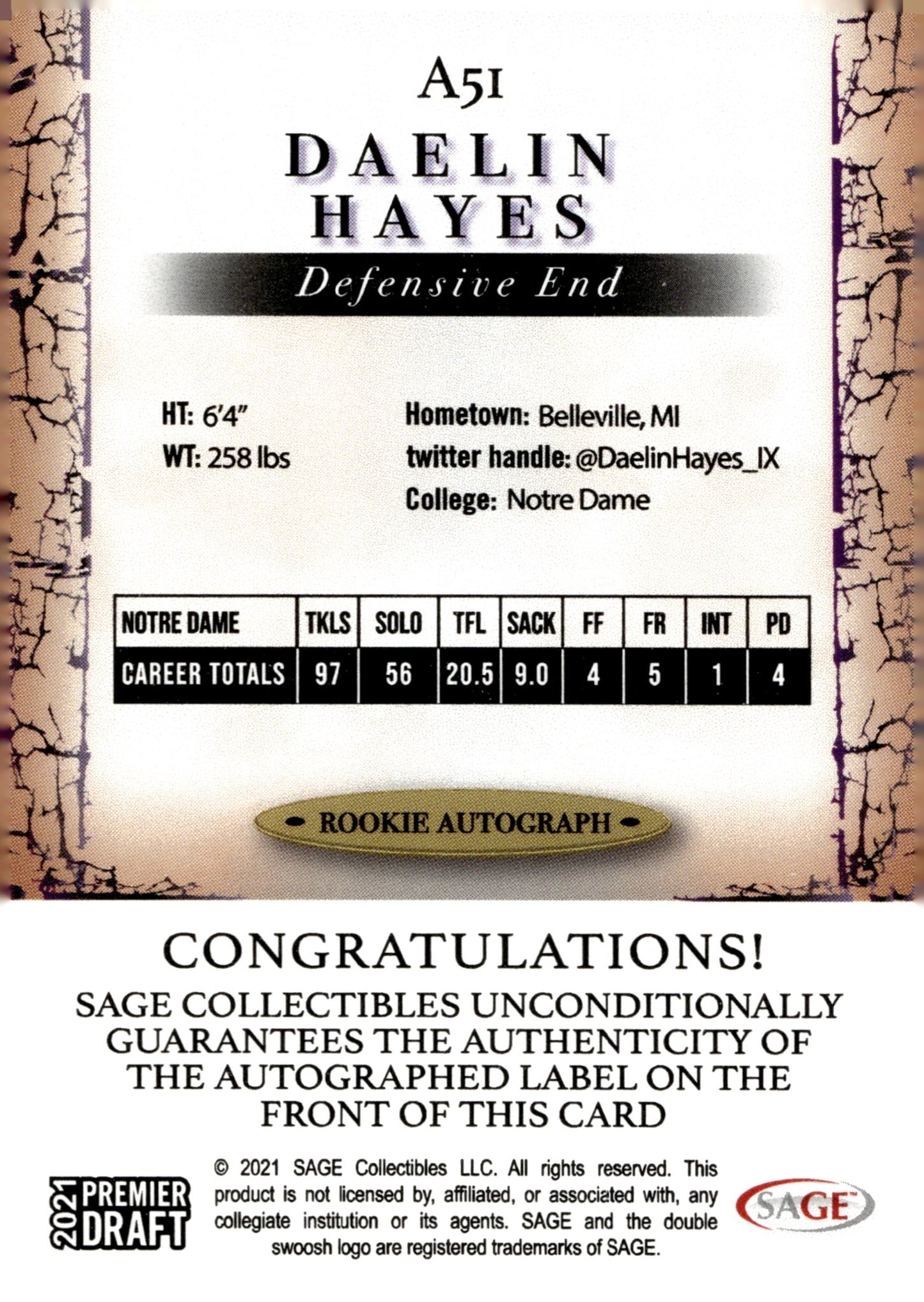 Daelin Hayes 2021 Sage Premier Draft Auto #A51 - Collector Store LLC