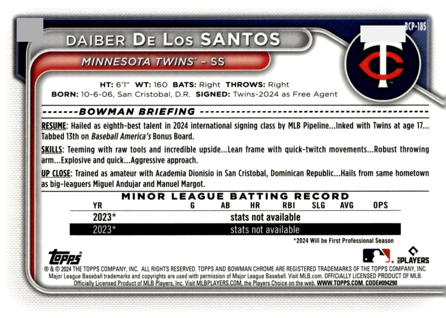 Daiber De Los Santos 2024 Bowman Chrome Mojo Refractor BCP - 185 3 - Collector Store LLC