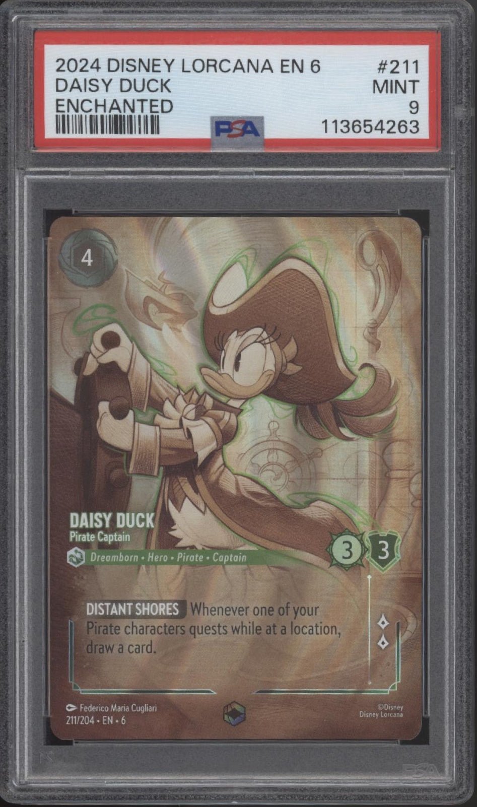 Daisy Duck Pirate Captain Disney Lorcana Azurite Sea Enchanted #211 PSA 9 Daisy Duck Pirate Captain Disney Lorcana Azurite Sea Enchanted #211 PSA 9