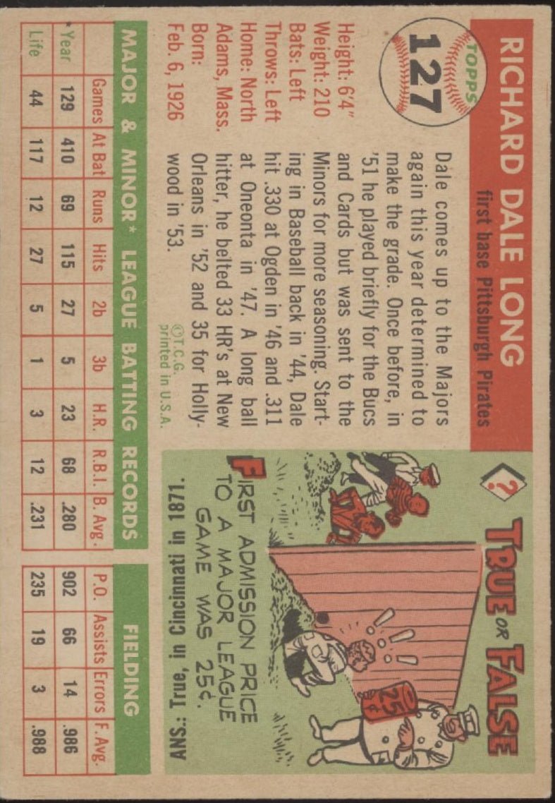 Dale Long 1955 Topps RC #127 Pittsburgh Pirates EX #3 - Collector Store LLC