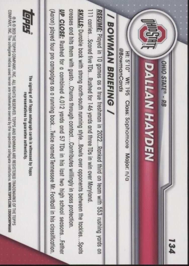 Dallan Hayden 2023 2023 Bowman Chrome University Auto 134 - Collector Store LLC