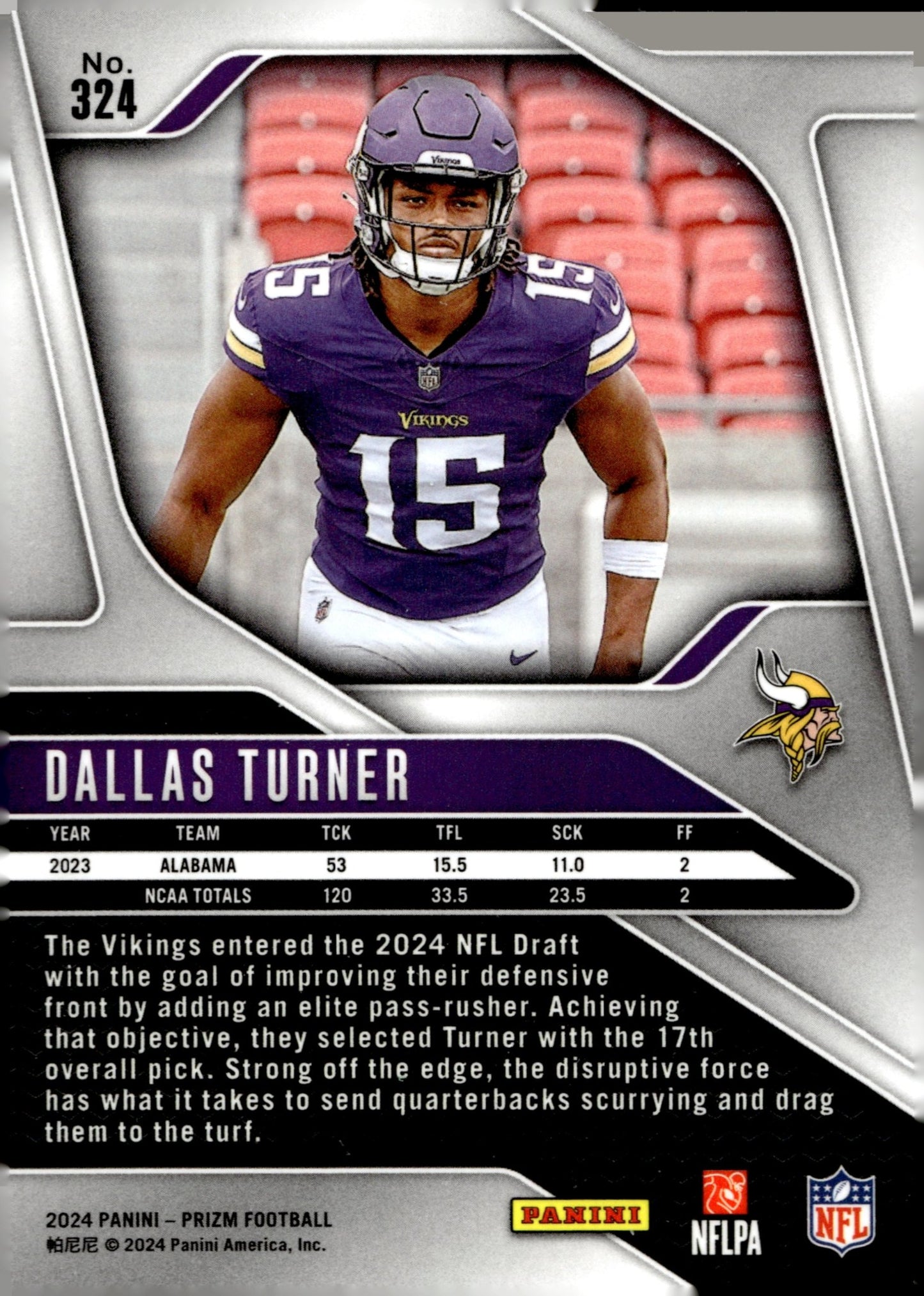 Dallas Turner 2024 Panini Prizm RC #324 - Collector Store LLC