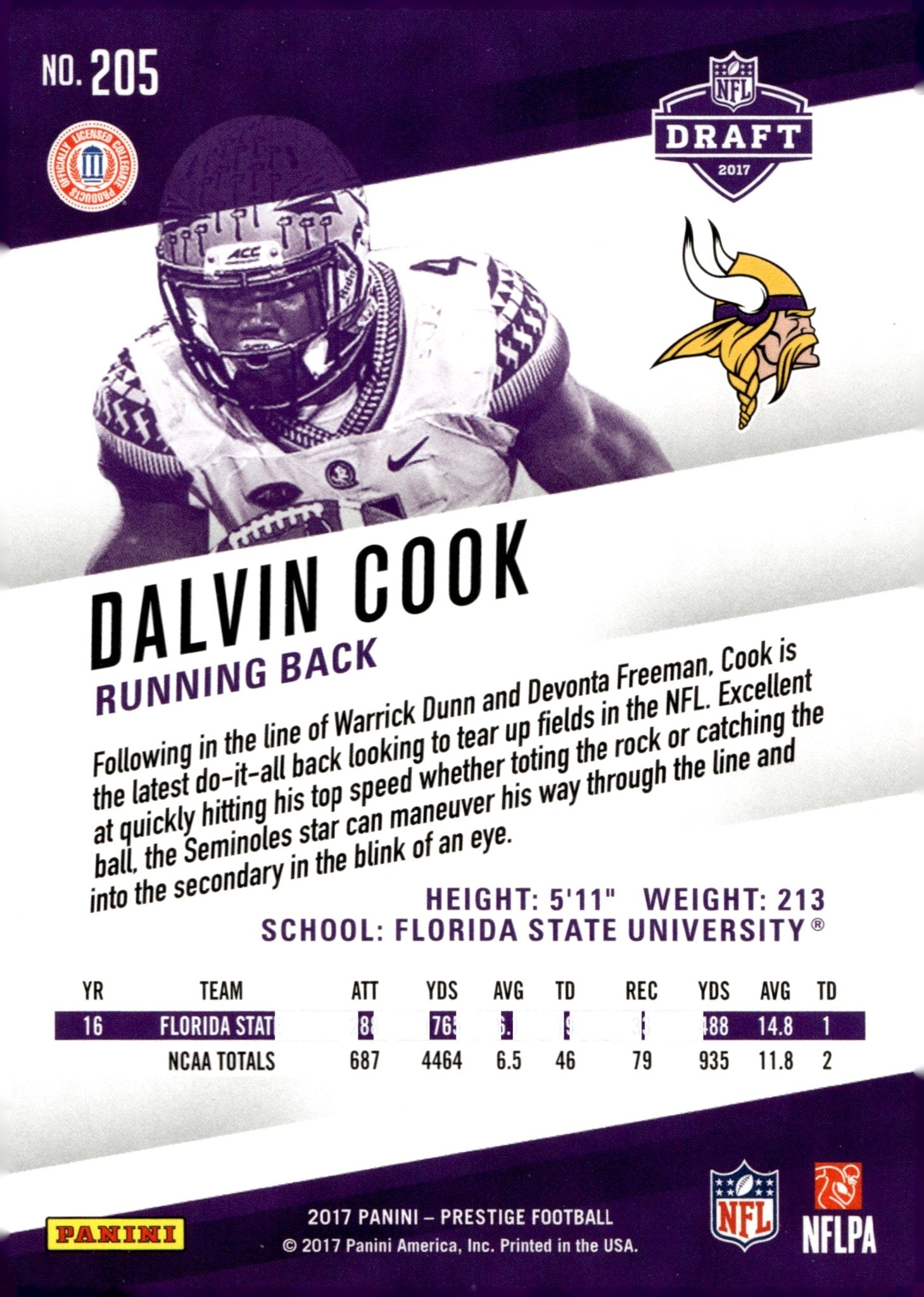 Dalvin Cook 2017 Panini Prestige RC #205 - Collector Store LLC
