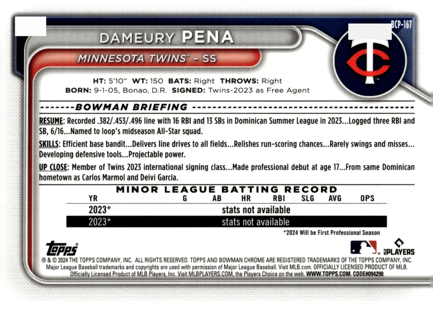 Dameury Pena 2024 Bowman Chrome Mojo Refractor BCP - 167 1 - Collector Store LLC