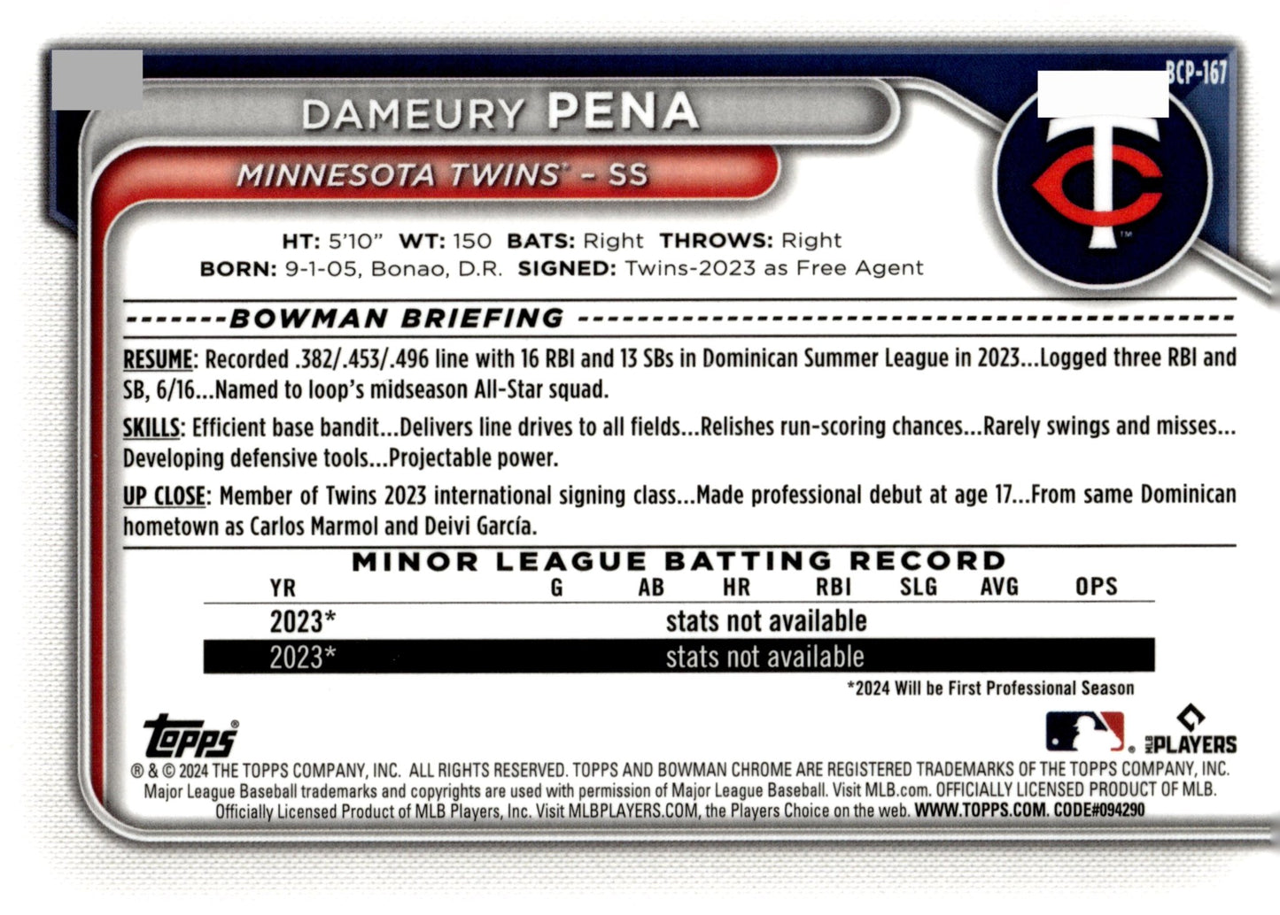 Dameury Pena 2024 Bowman Chrome Mojo Refractor BCP - 167 2 - Collector Store LLC
