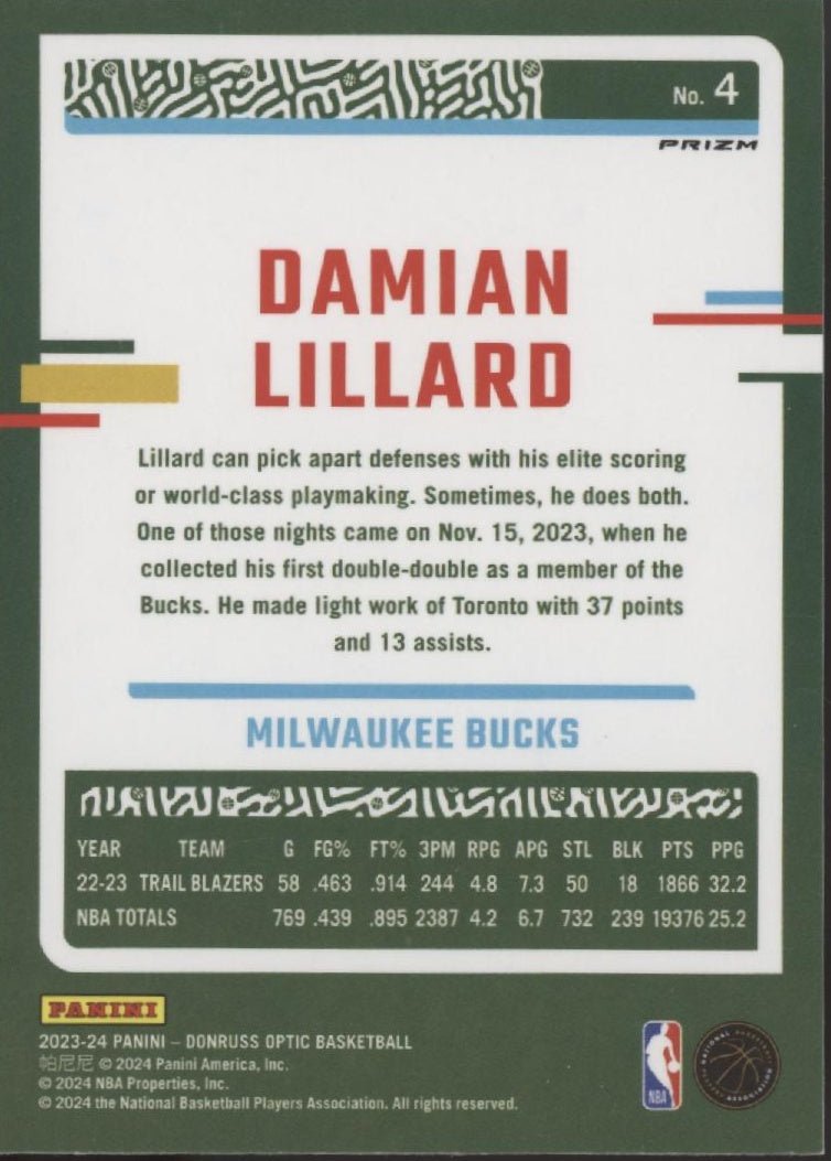 Damian Lillard 2023 - 24 Panini Donruss Optic Purple Shimmer Prizm #4 - Collector Store LLC