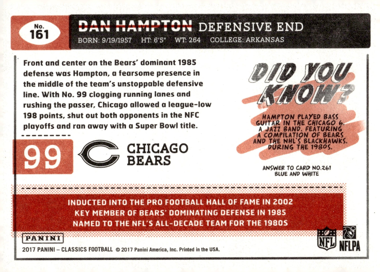 Dan Hampton 2017 Panini Classics Red Back 038/299 #161 - Collector Store LLC