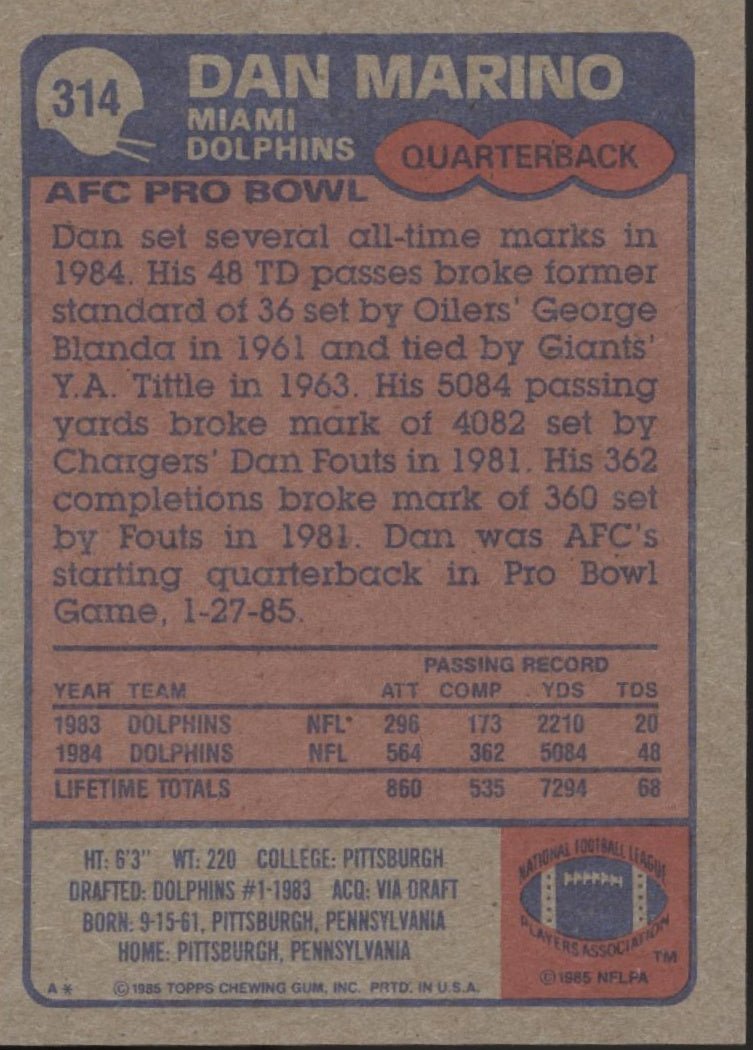 Dan Marino 1985 Topps #314 Miami Dolphins #2 - Collector Store LLC