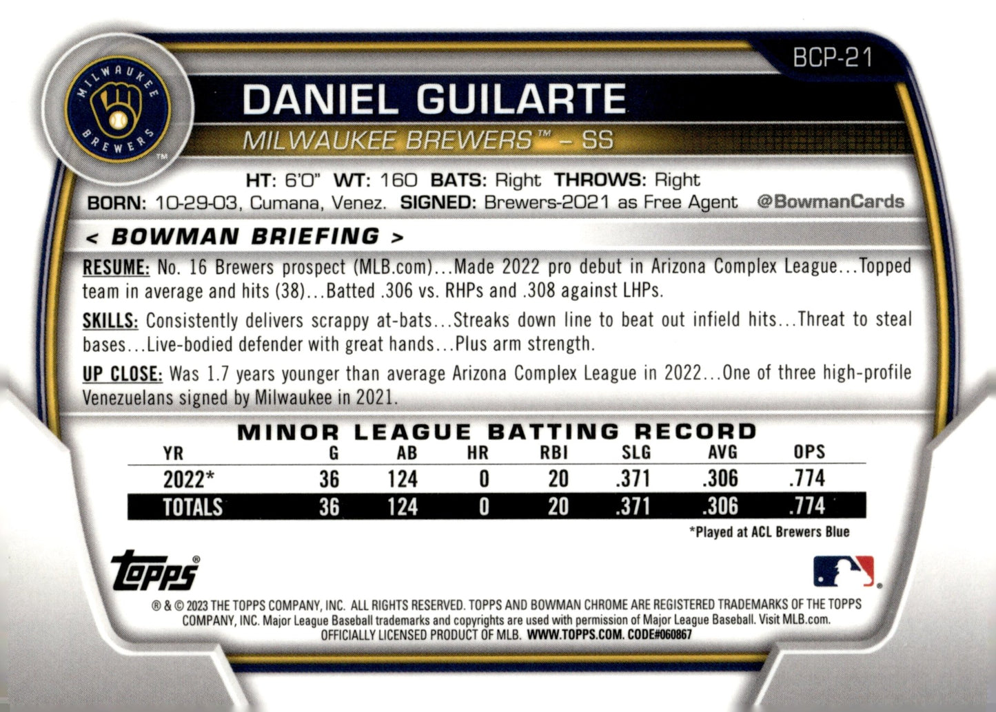 Daniel Guilarte 2023 Bowman Chrome Mojo Refractor BCP - 21 2 - Collector Store LLC