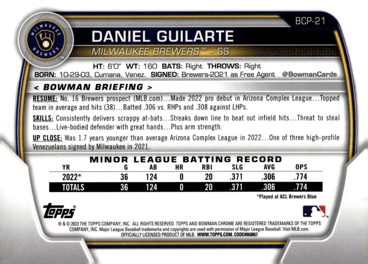 Daniel Guilarte 2023 Bowman Chrome Mojo Refractor #BCP - 21 - Collector Store LLC
