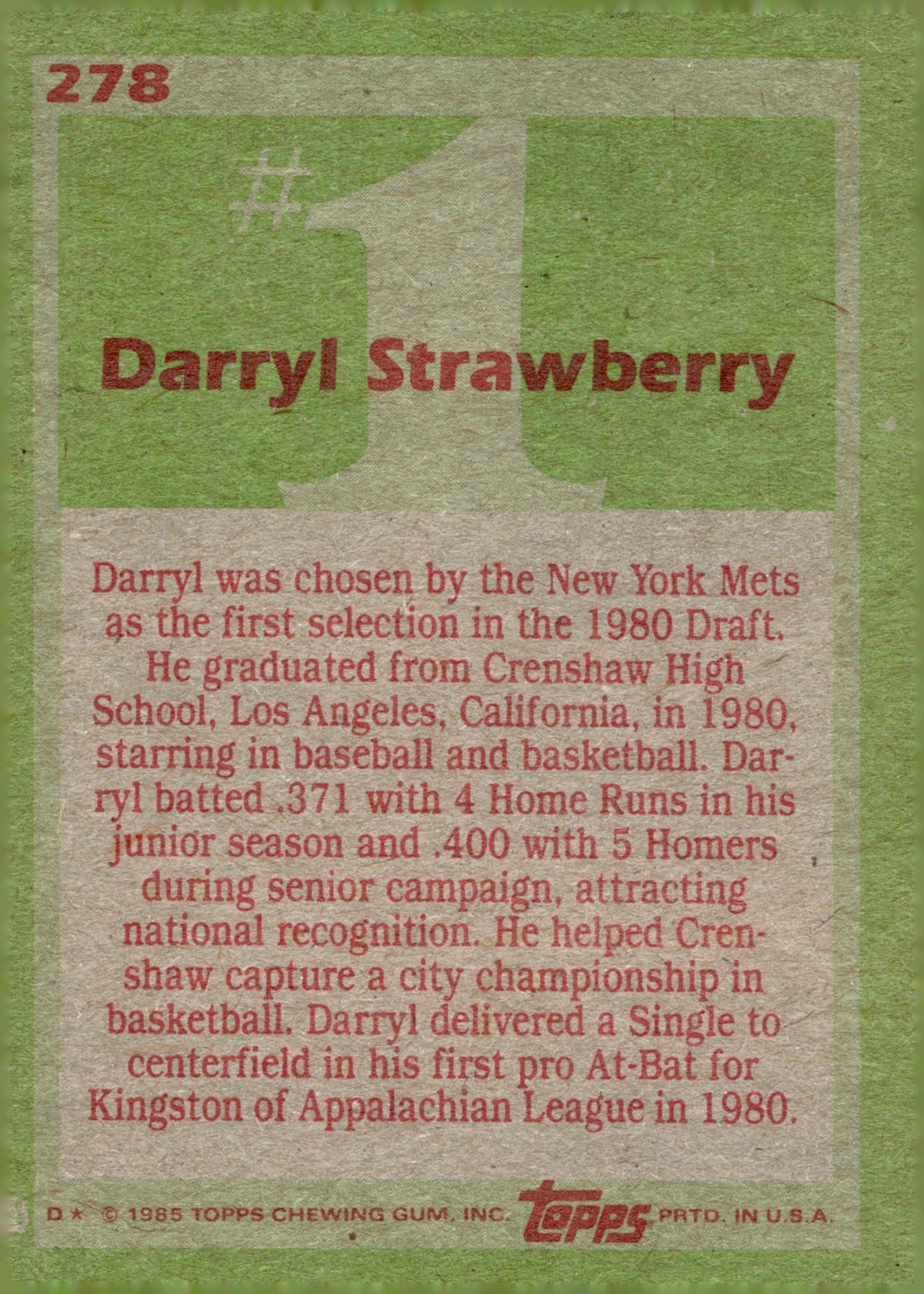 Darryl Strawberry 1985 Topps 1 Draft Pick 278 2 - Collector Store LLC