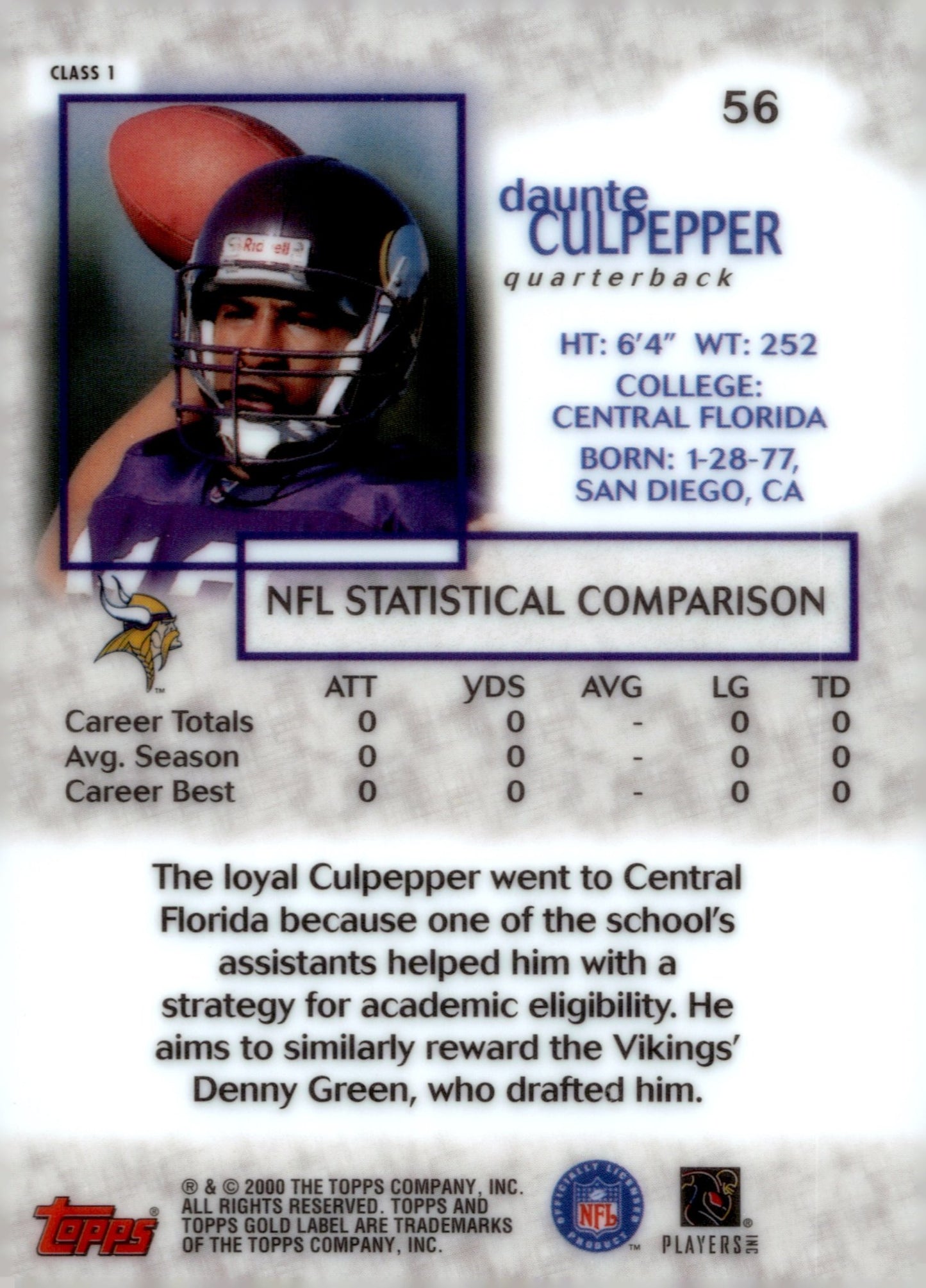 Daunte Culpepper 2000 Topps Gold Label Class 1 #56 - Collector Store LLC