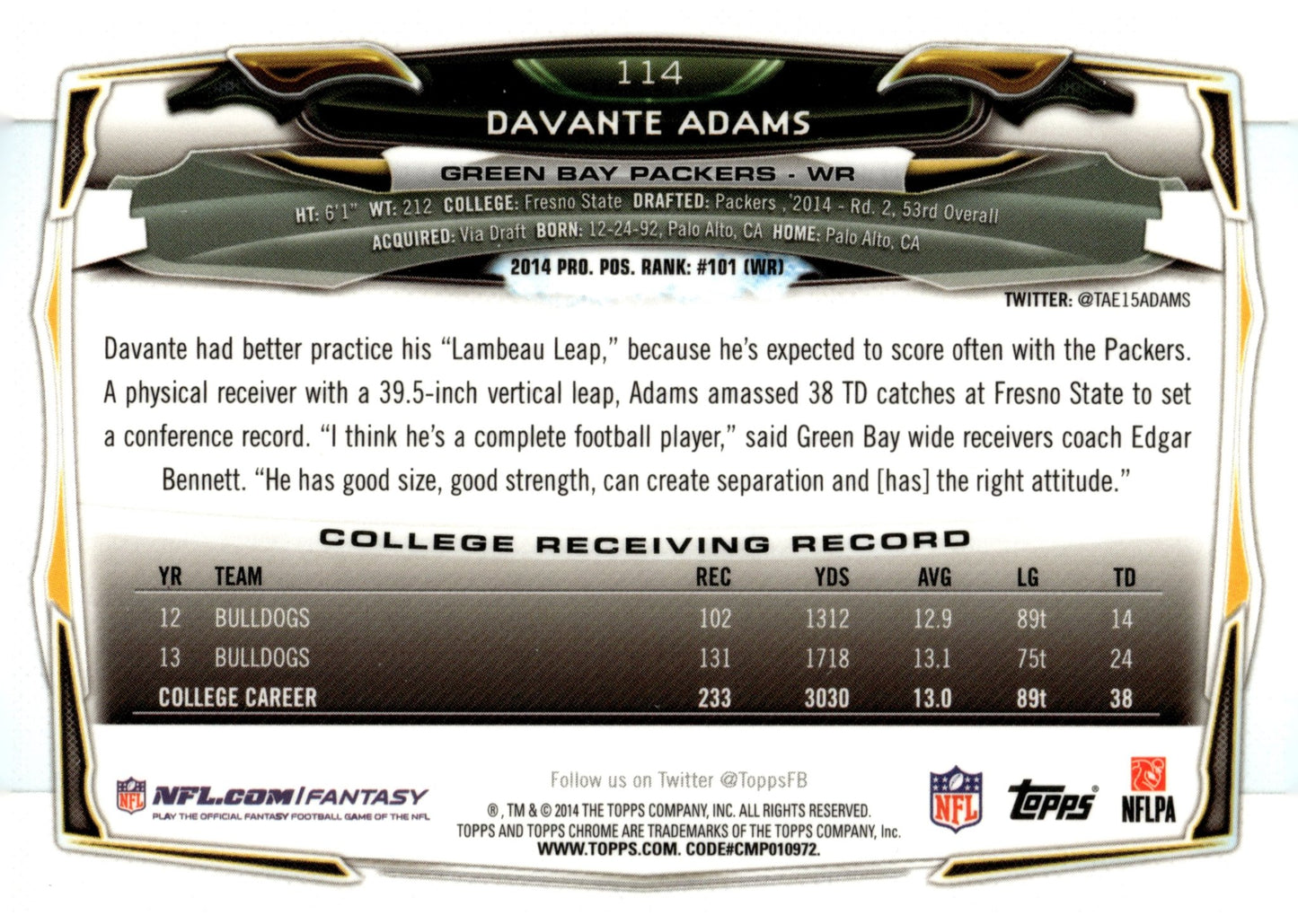 Davante Adams 2014 Topps Chrome RC #114 - Collector Store LLC