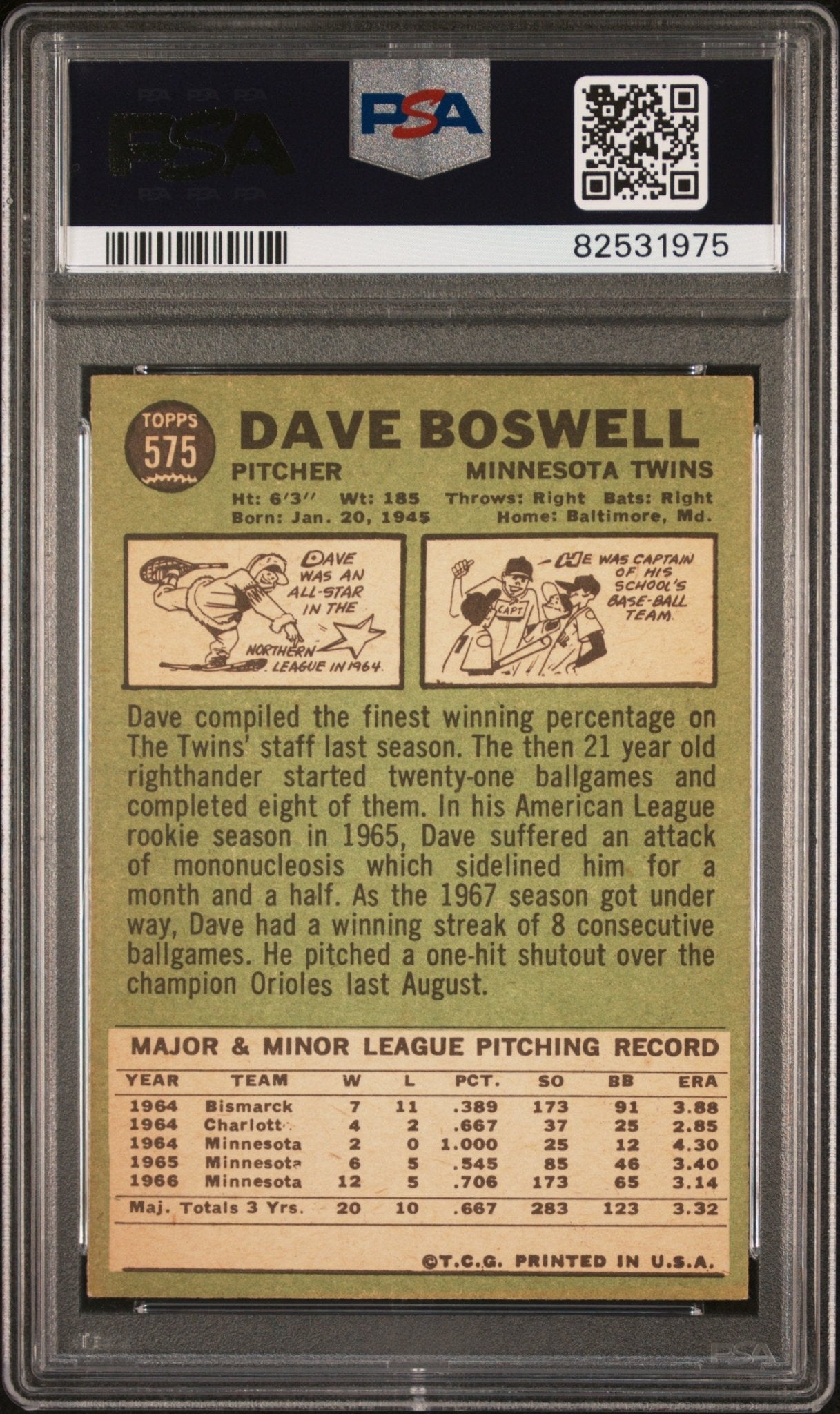 Dave Boswell 1967 Topps #575 PSA 6 - Collector Store LLC