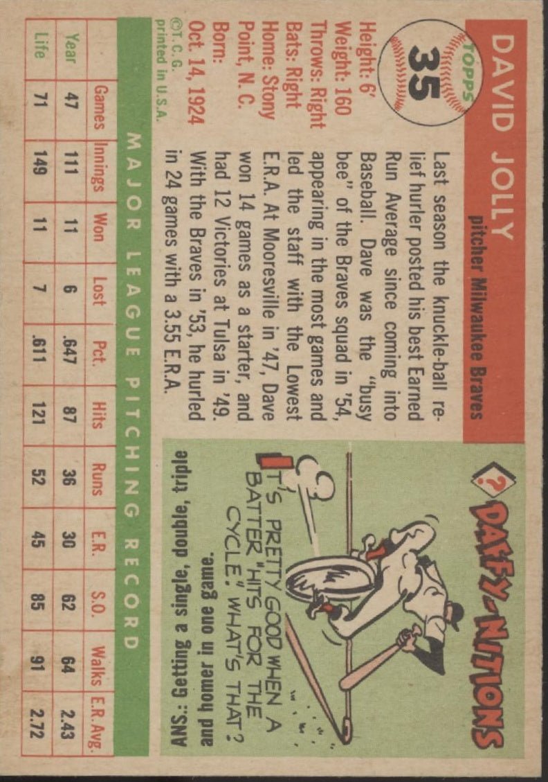 Dave Jolly 1955 Topps #35 Milwaukee Braves EX - Collector Store LLC