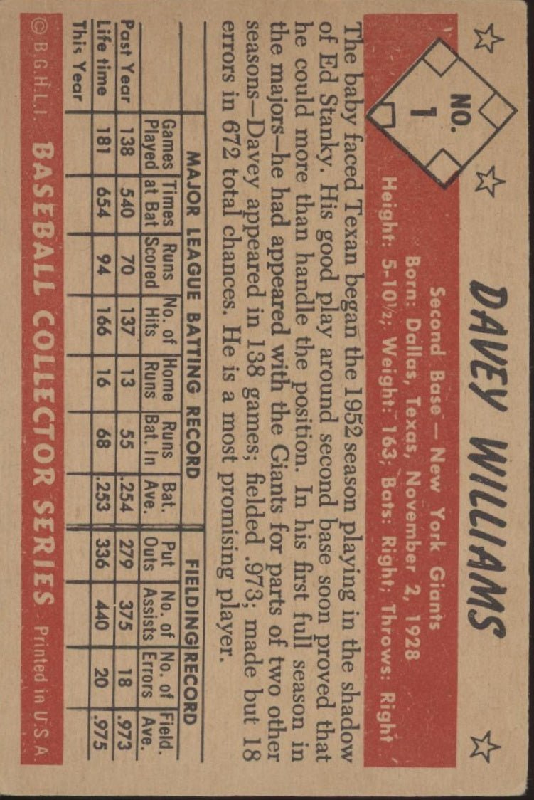 Davey Williams 1953 Bowman #1 New York Giants VG #4 - Collector Store LLC