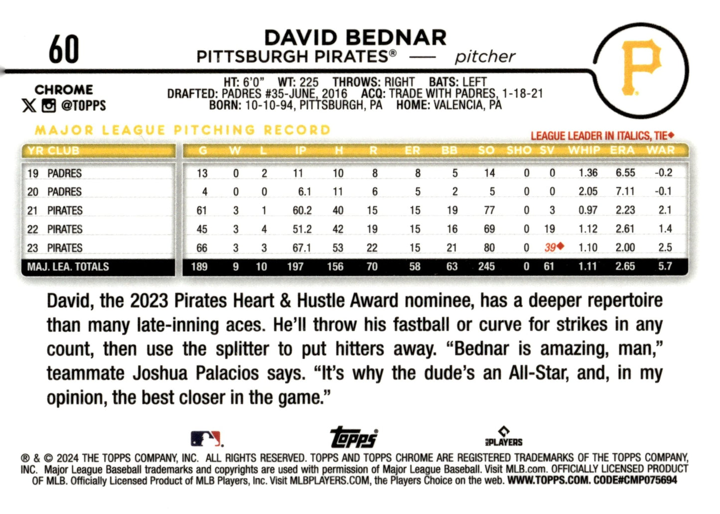 David Bednar 2024 Topps Chrome 60 - Collector Store LLC