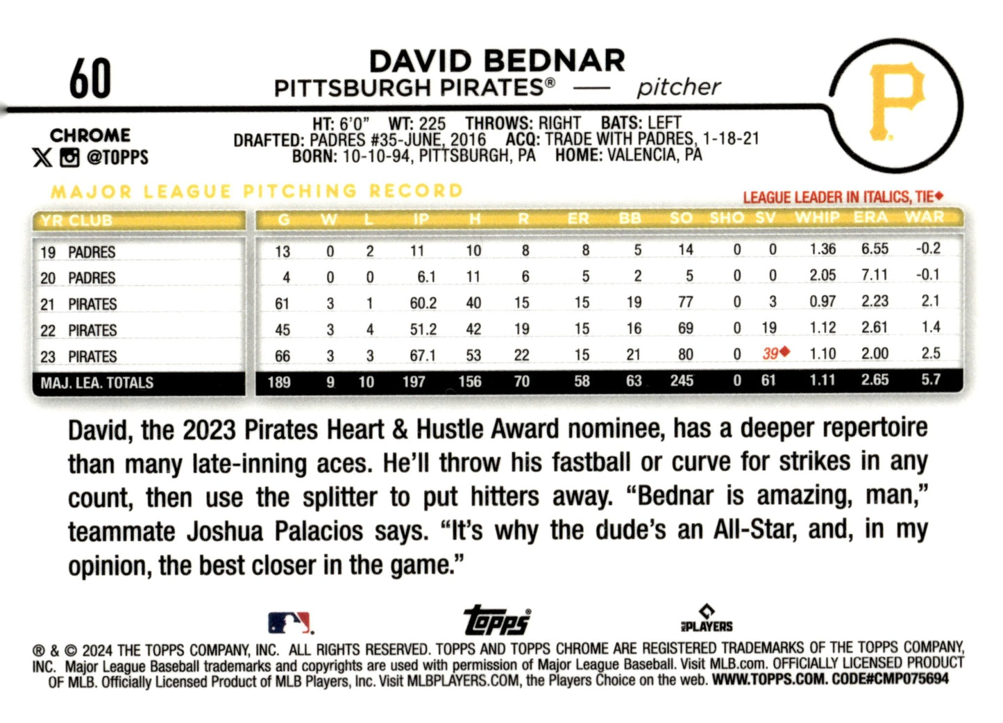 David Bednar 2024 Topps Chrome Sepia Refractor 60 - Collector Store LLC