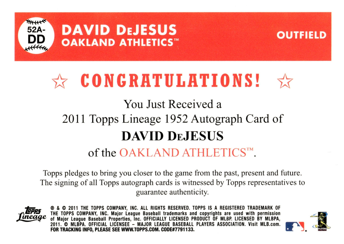 David DeJesus 2011 Topps Lineage Auto #52A - DD - Collector Store LLC