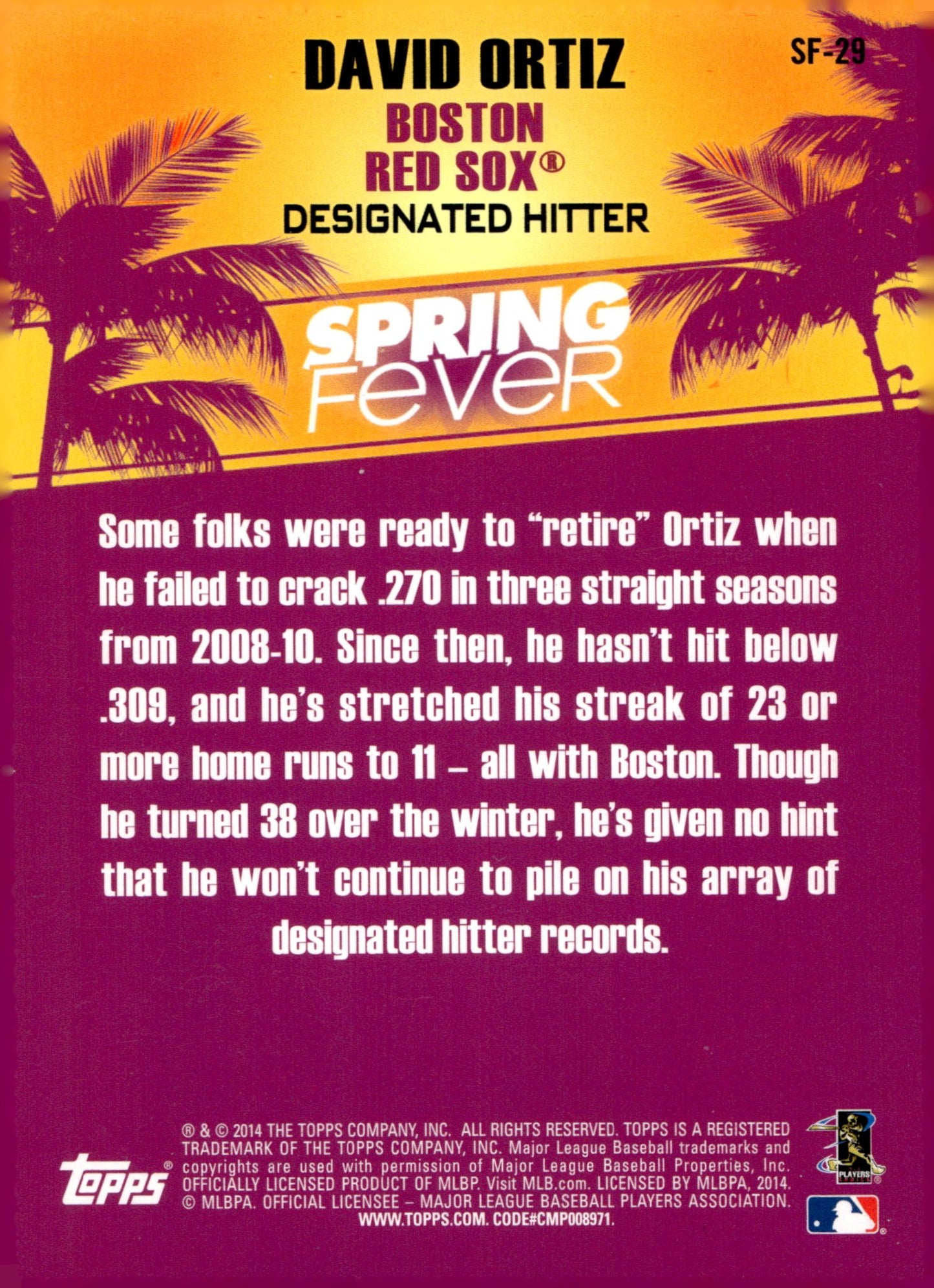 David Ortiz 2014 Topps Spring Fever SF - 29 - Collector Store LLC