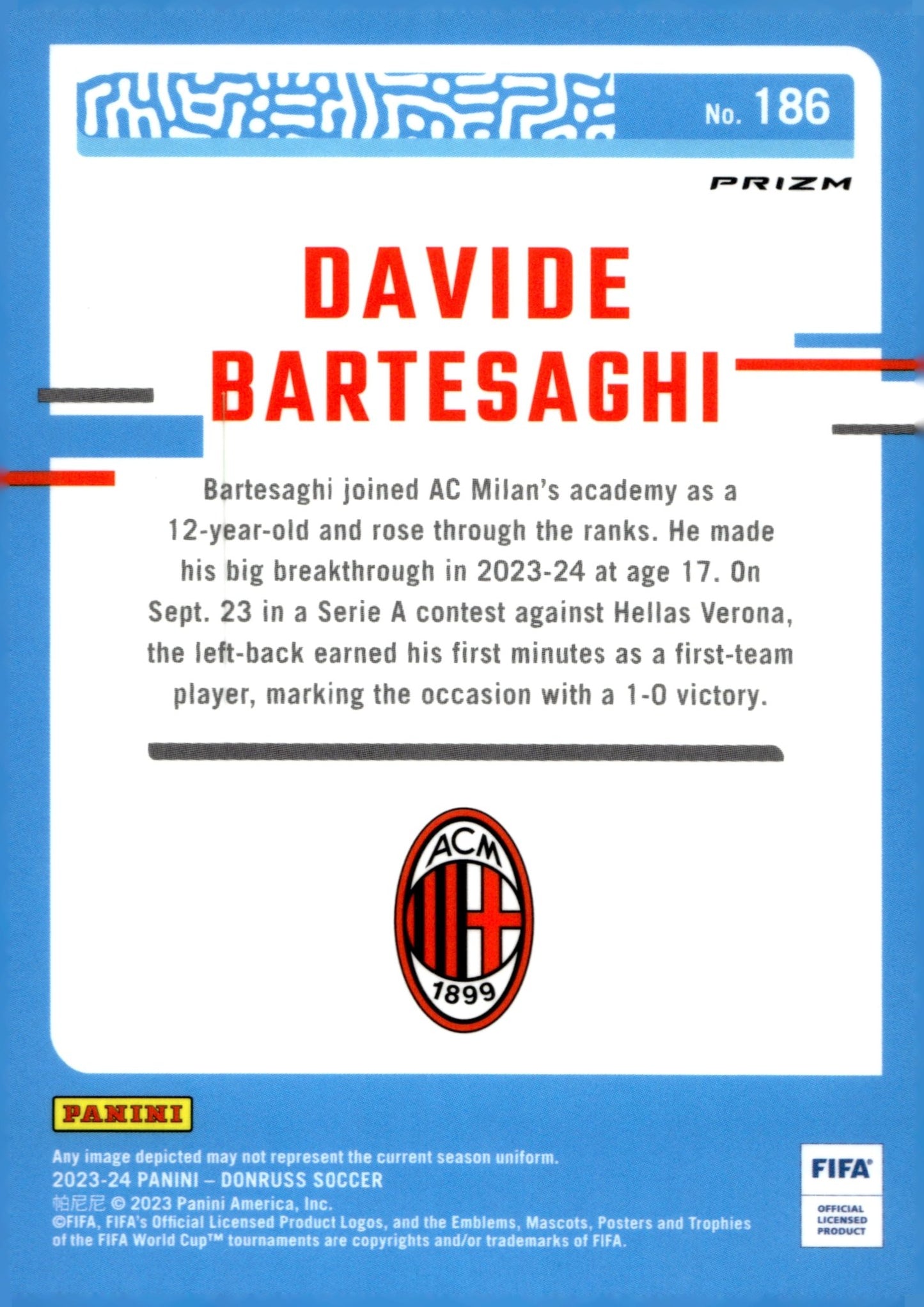 Davide Bartesaghi 2023 - 24 Panini Donruss Rated Rookie Prizm #186 - Collector Store LLC