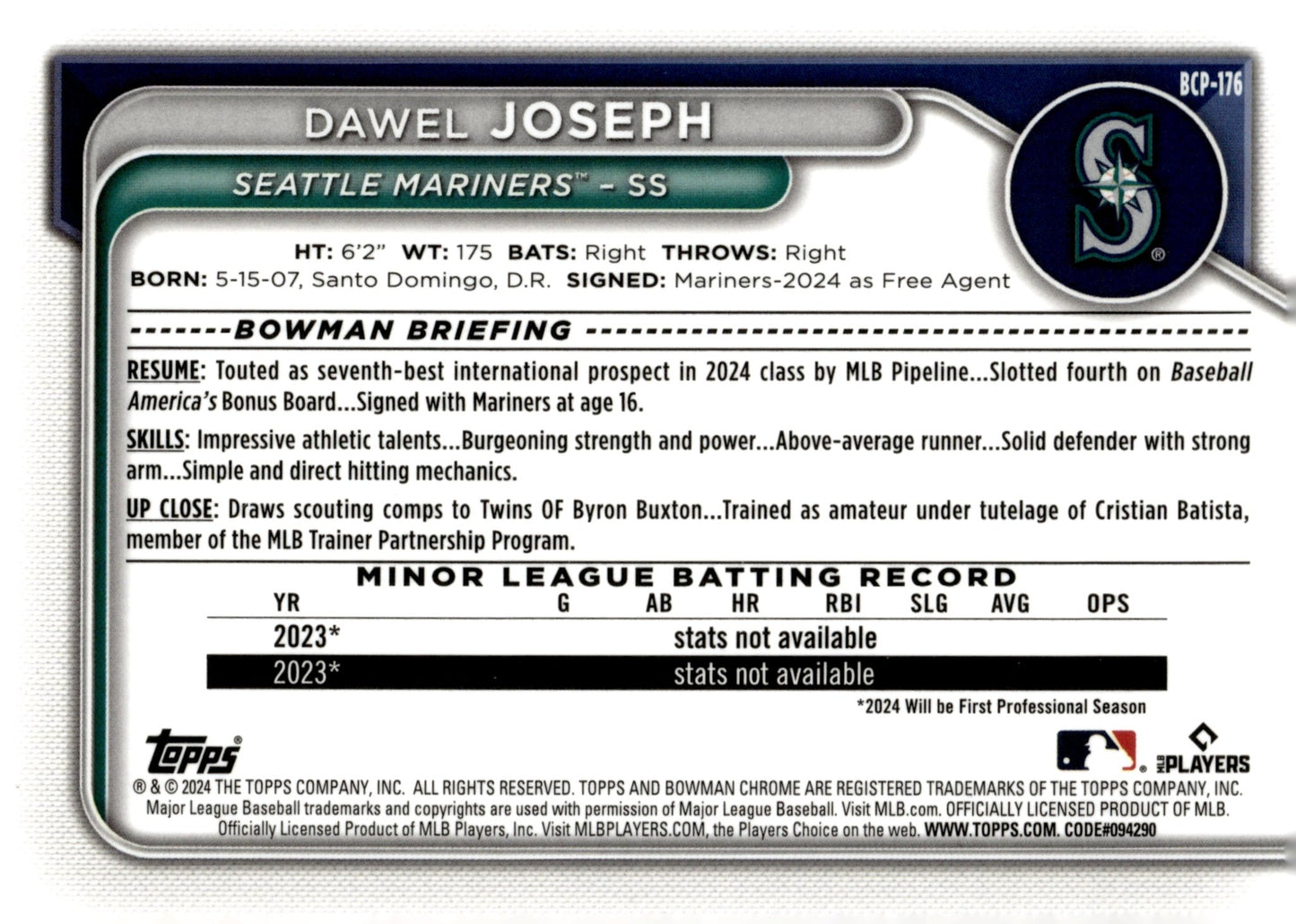 Dawel Joseph 2024 Bowman Chrome Mojo Refractor BCP - 176 - Collector Store LLC
