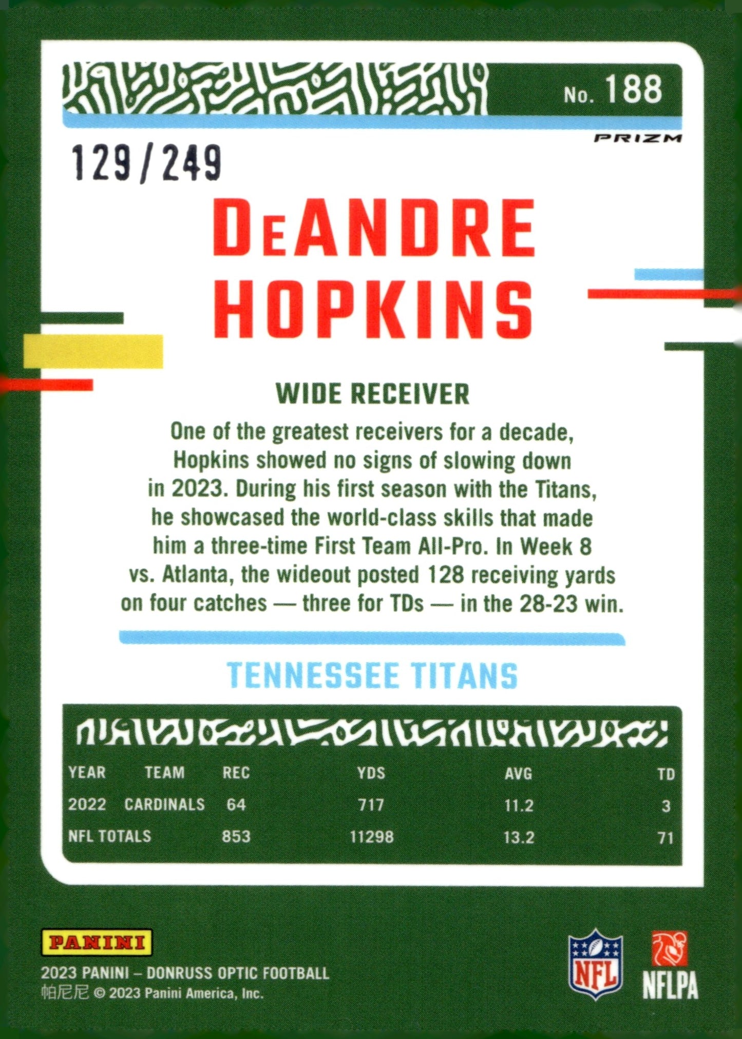 DeAndre Hopkins 2023 Panini Donruss Optic Orange Prizm 129/249 #188 - Collector Store LLC