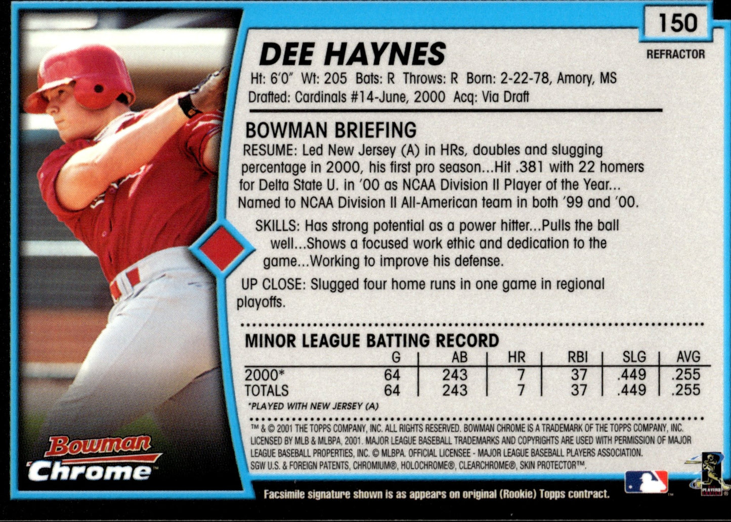 Dee Haynes 2001 Bowman Chrome Refractor RC #150 - Collector Store LLC
