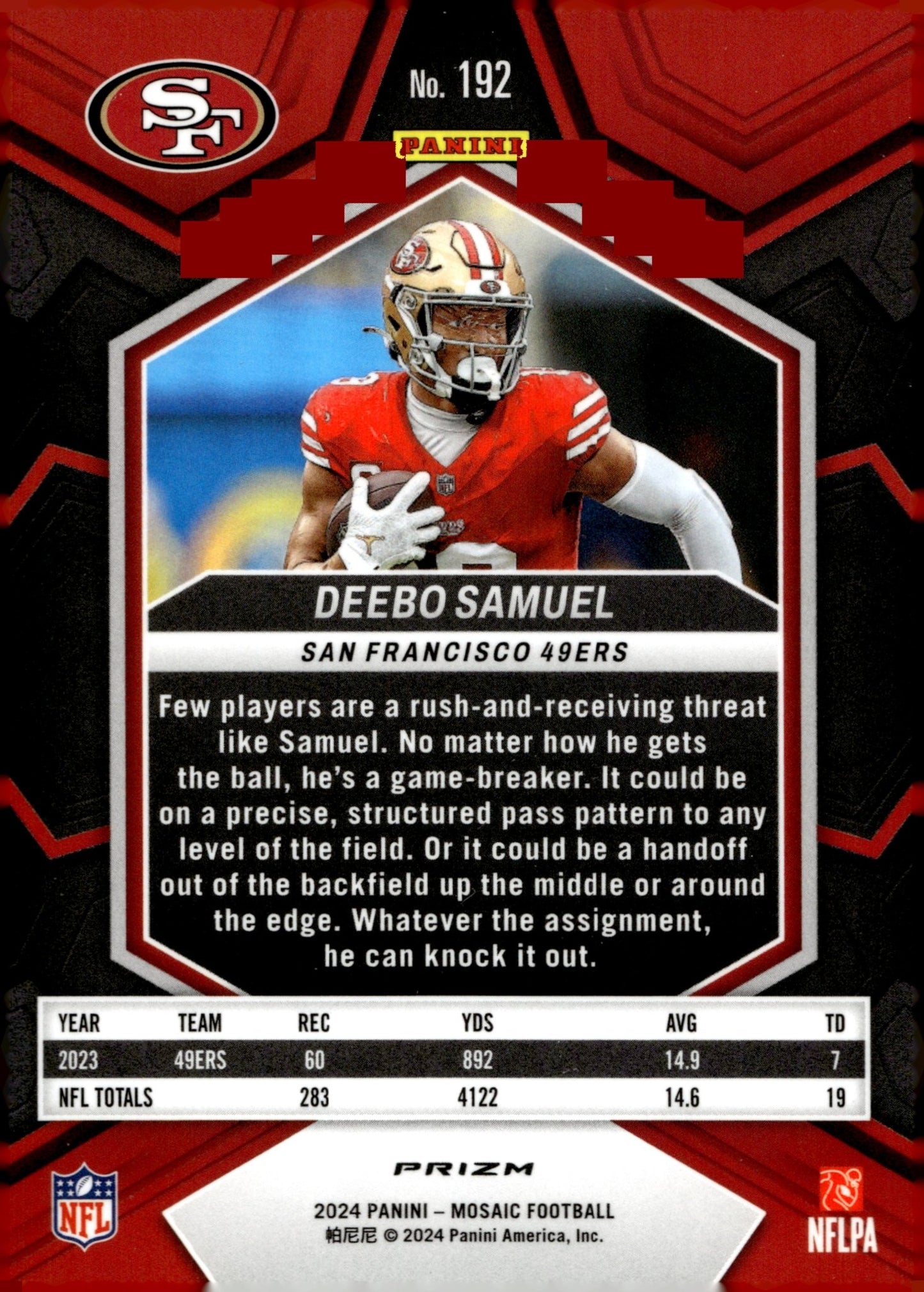 Deebo Samuel 2024 Panini Mosaic Blue Prizm #192 - Collector Store LLC